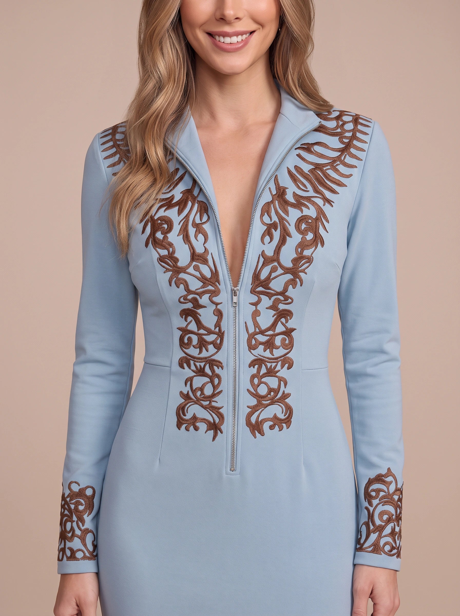 Robe longue de soirée Riccata brodée à fermeture éclair sur le devant - manches longues, robe longue plissée formelle pour femme, cocktail et fêtes