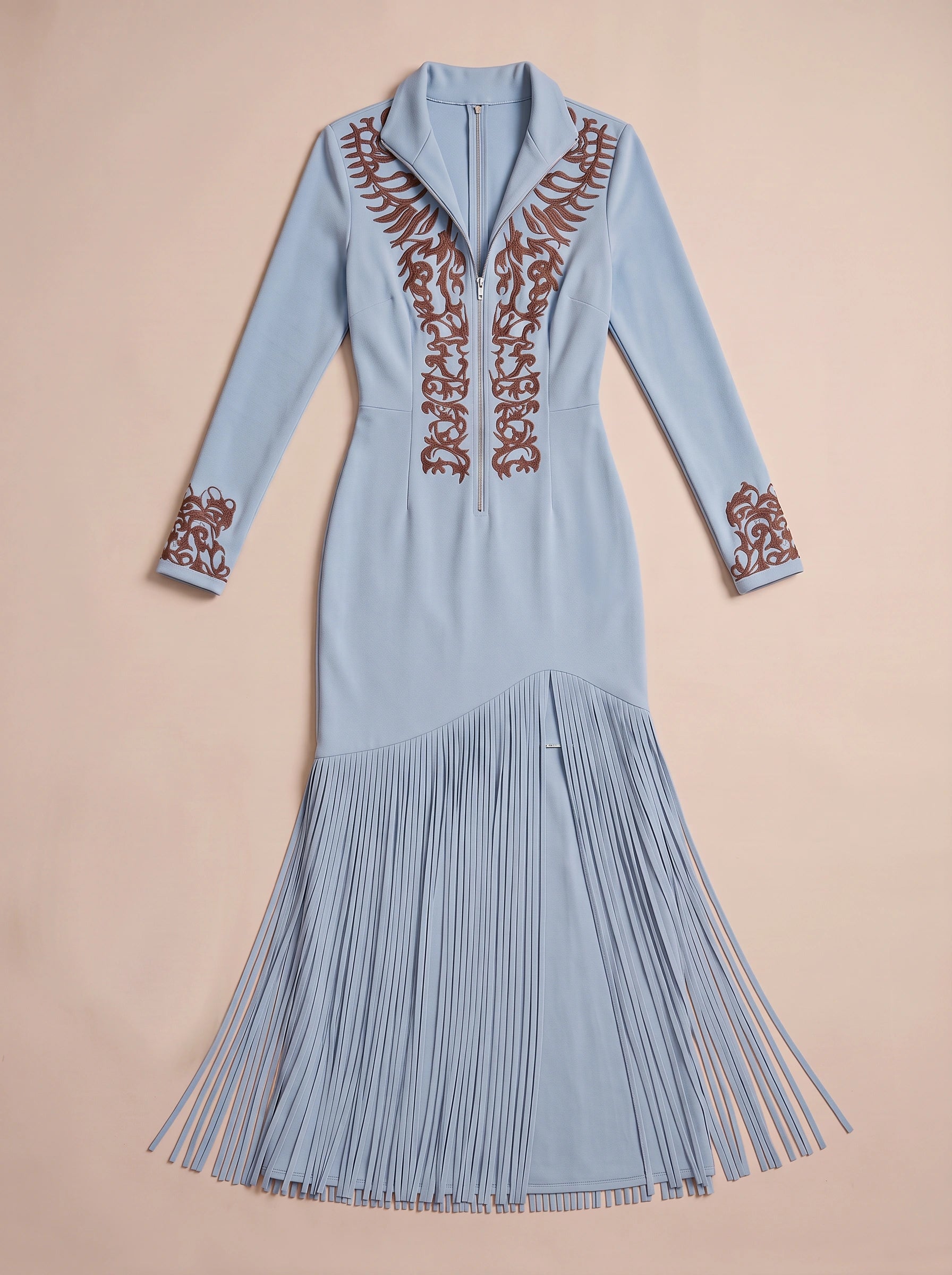 Robe longue de soirée Riccata brodée à fermeture éclair sur le devant - manches longues, robe longue plissée formelle pour femme, cocktail et fêtes