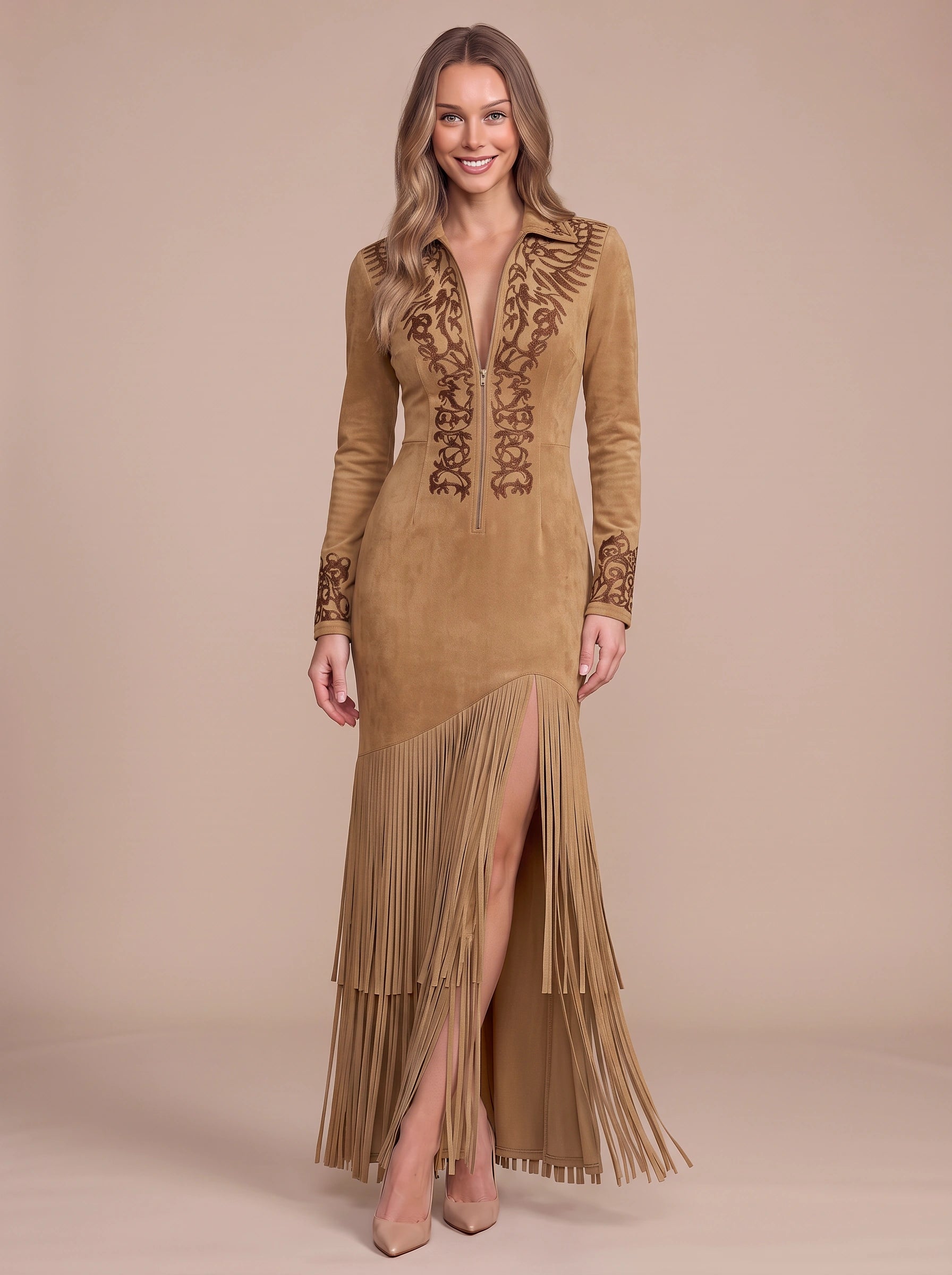 Robe longue de soirée Riccata brodée à fermeture éclair sur le devant - manches longues, robe longue plissée formelle pour femme, cocktail et fêtes