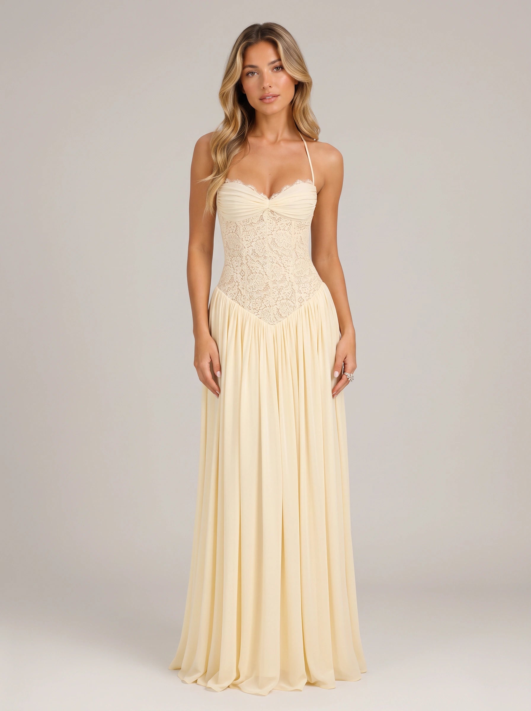 Robe longue Plisara en dentelle avec corset - col dos nu, robe longue formelle pour femme, invitée de mariage, demoiselle d'honneur et soirée