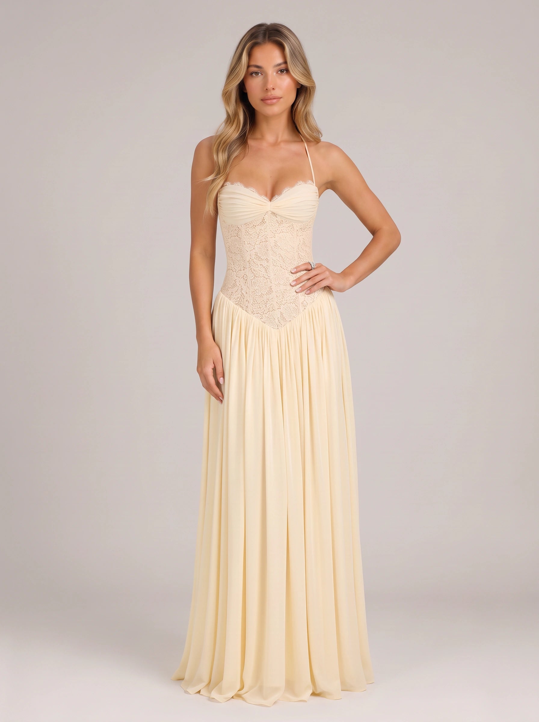 Robe longue Plisara en dentelle avec corset - col dos nu, robe longue formelle pour femme, invitée de mariage, demoiselle d'honneur et soirée