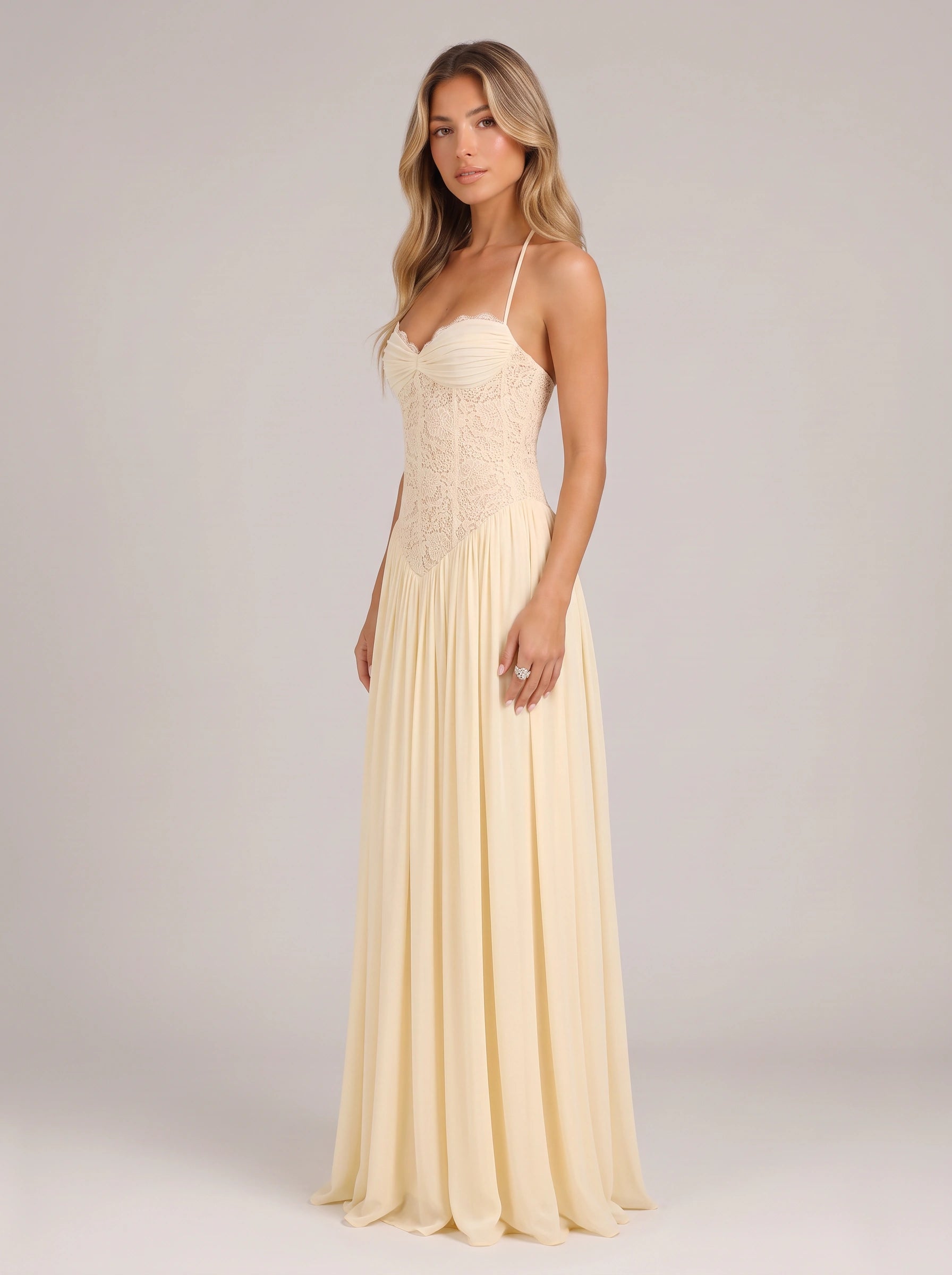 Robe longue Plisara en dentelle avec corset - col dos nu, robe longue formelle pour femme, invitée de mariage, demoiselle d'honneur et soirée