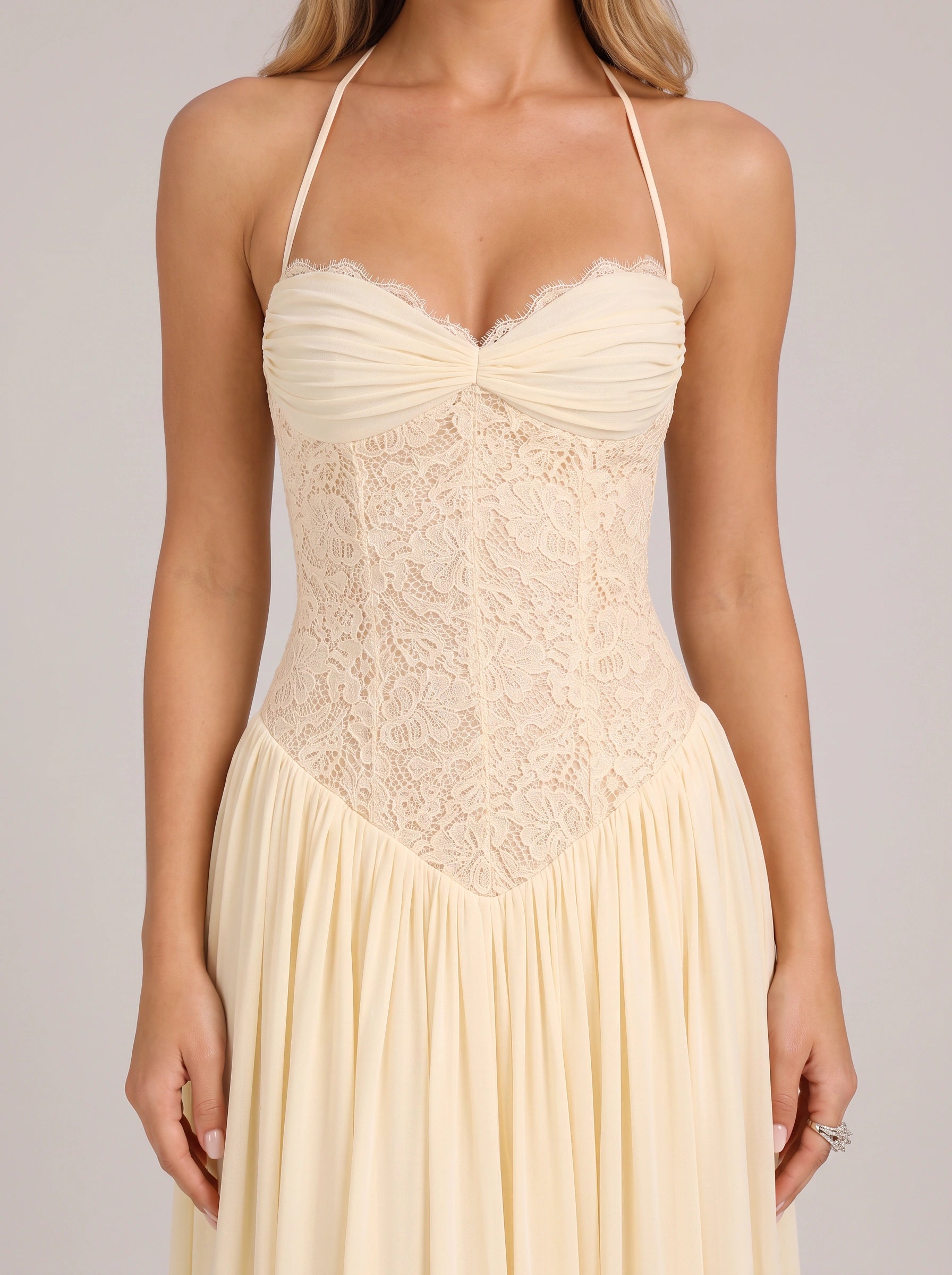 Robe longue Plisara en dentelle avec corset - col dos nu, robe longue formelle pour femme, invitée de mariage, demoiselle d'honneur et soirée