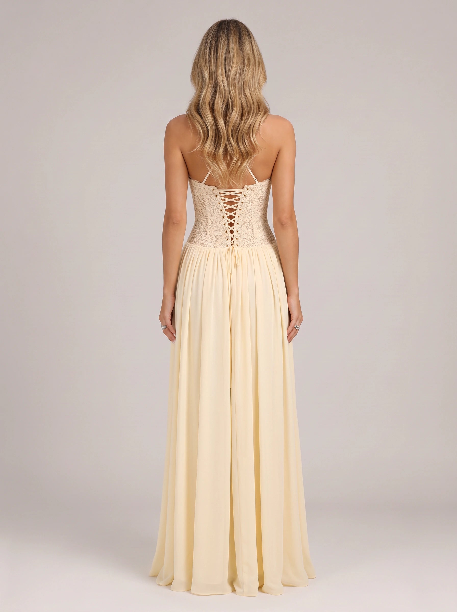 Robe longue Plisara en dentelle avec corset - col dos nu, robe longue formelle pour femme, invitée de mariage, demoiselle d'honneur et soirée