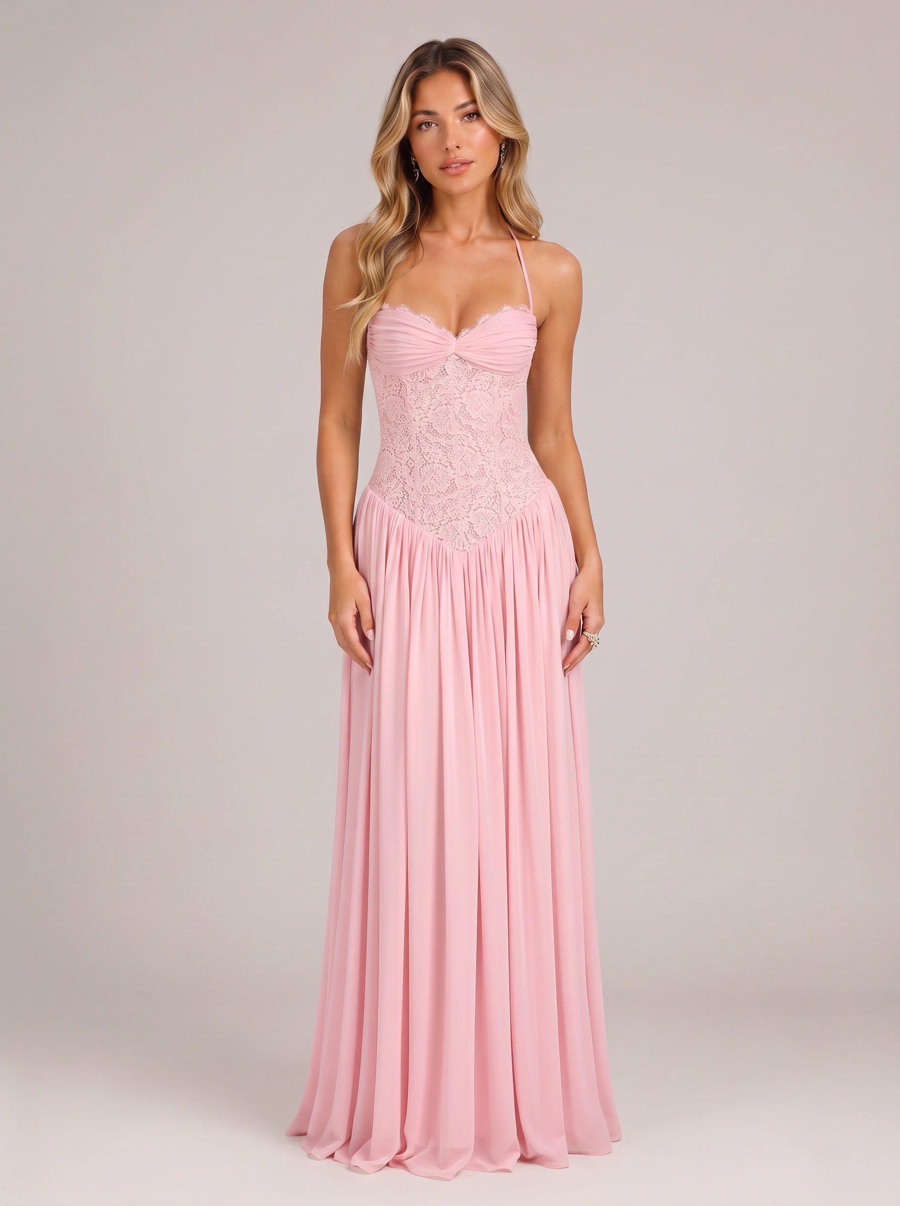 Robe longue Plisara en dentelle avec corset - col dos nu, robe longue formelle pour femme, invitée de mariage, demoiselle d'honneur et soirée