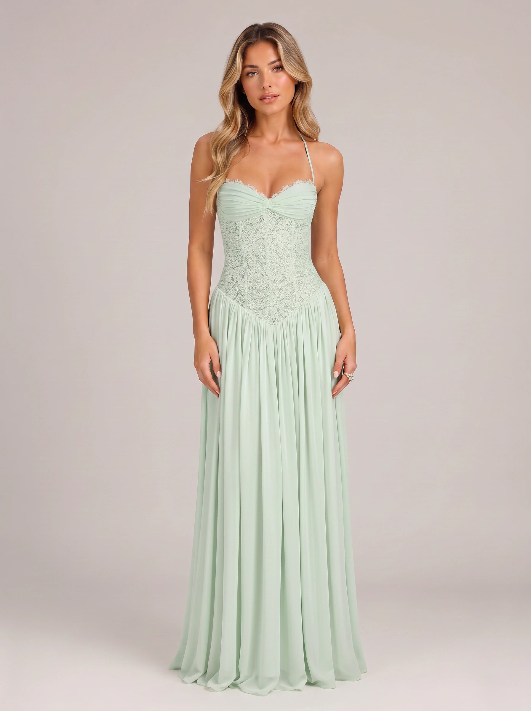 Robe longue Plisara en dentelle avec corset - col dos nu, robe longue formelle pour femme, invitée de mariage, demoiselle d'honneur et soirée