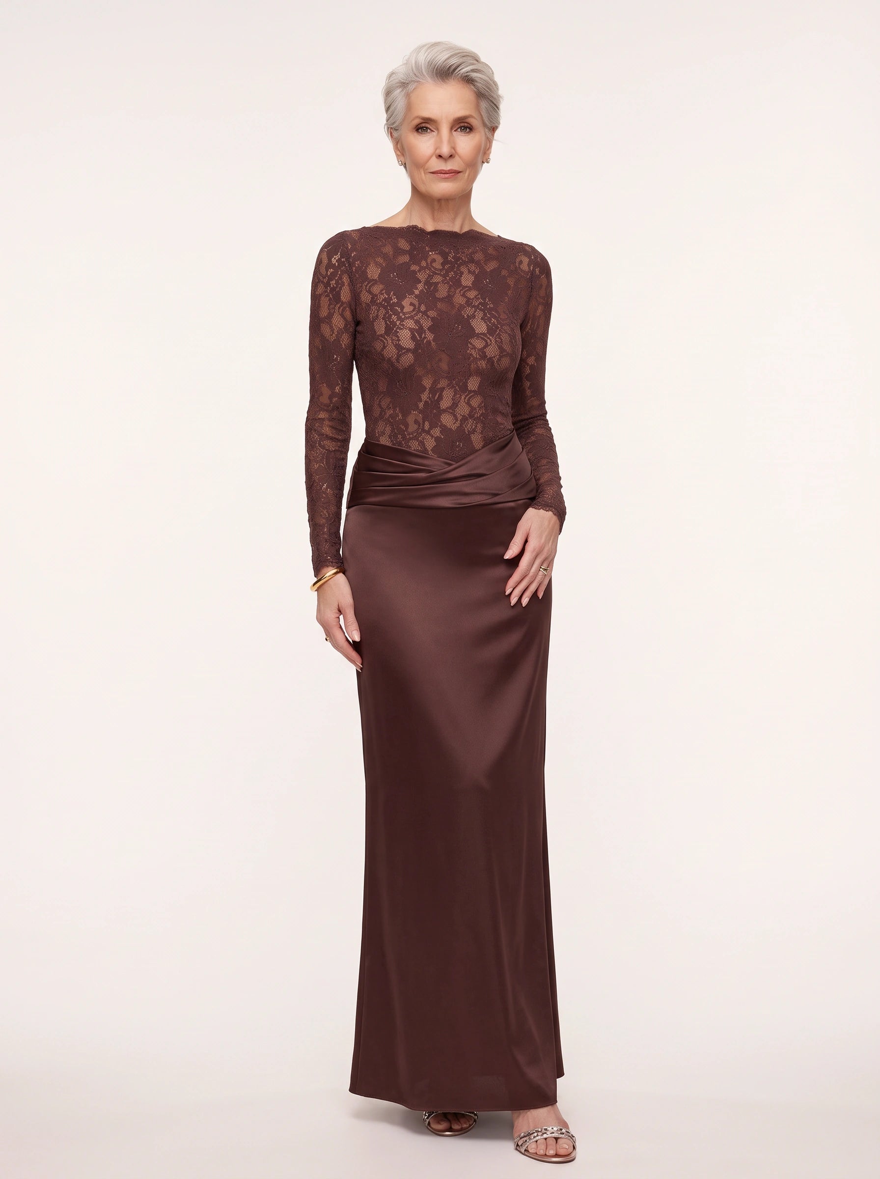 Robe longue Drapura avec corsage en dentelle - manches longues, robe longue de soirée formelle pour femme, mère de la mariée et invitée de mariage