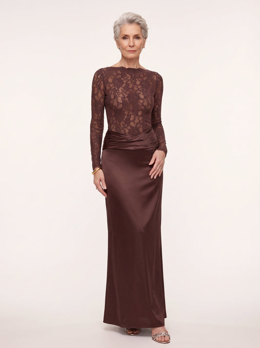 Robe longue Drapura avec corsage en dentelle - manches longues, robe longue de soirée formelle pour femme, mère de la mariée et invitée de mariage