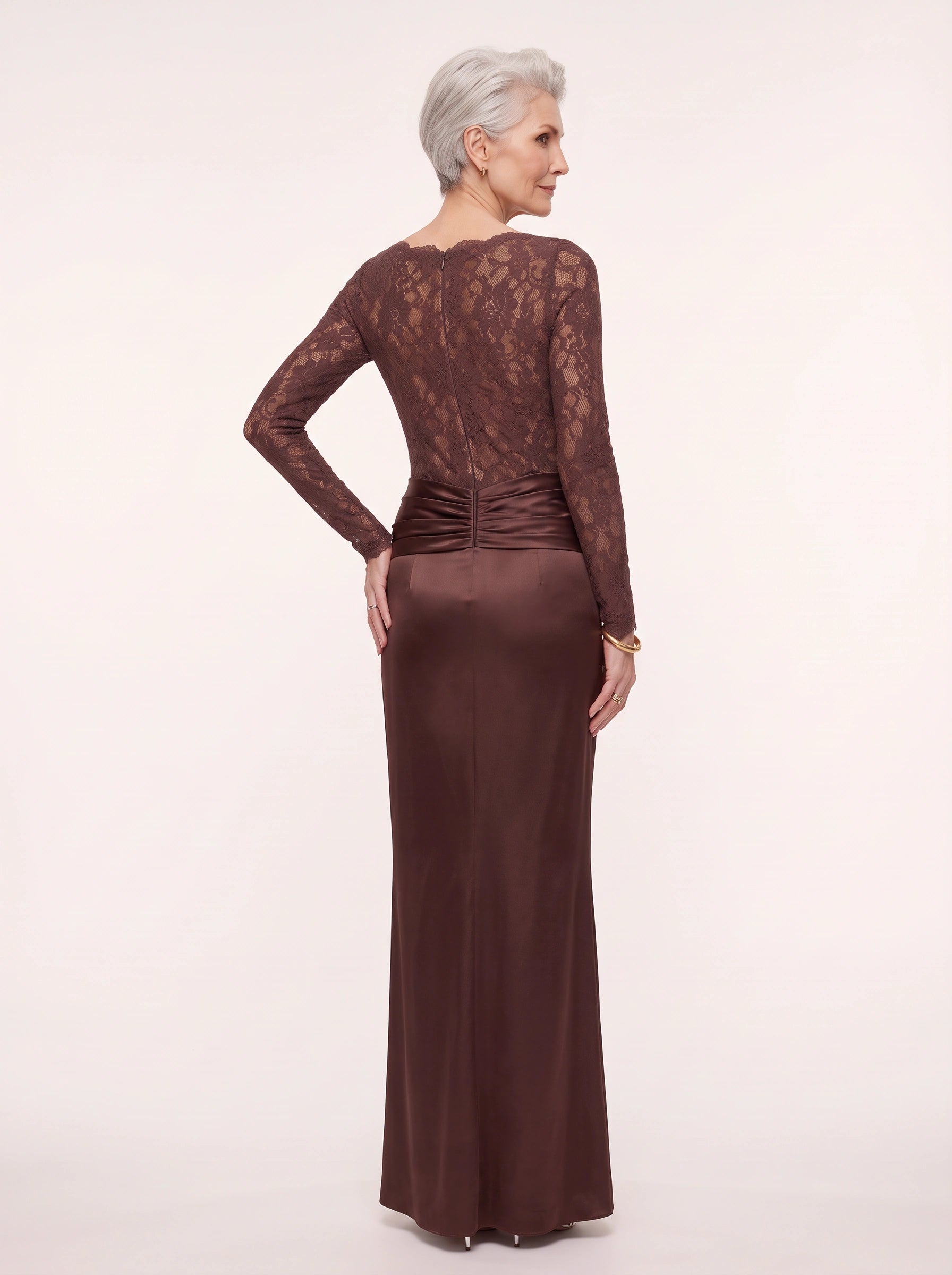 Robe longue Drapura avec corsage en dentelle - manches longues, robe longue de soirée formelle pour femme, mère de la mariée et invitée de mariage
