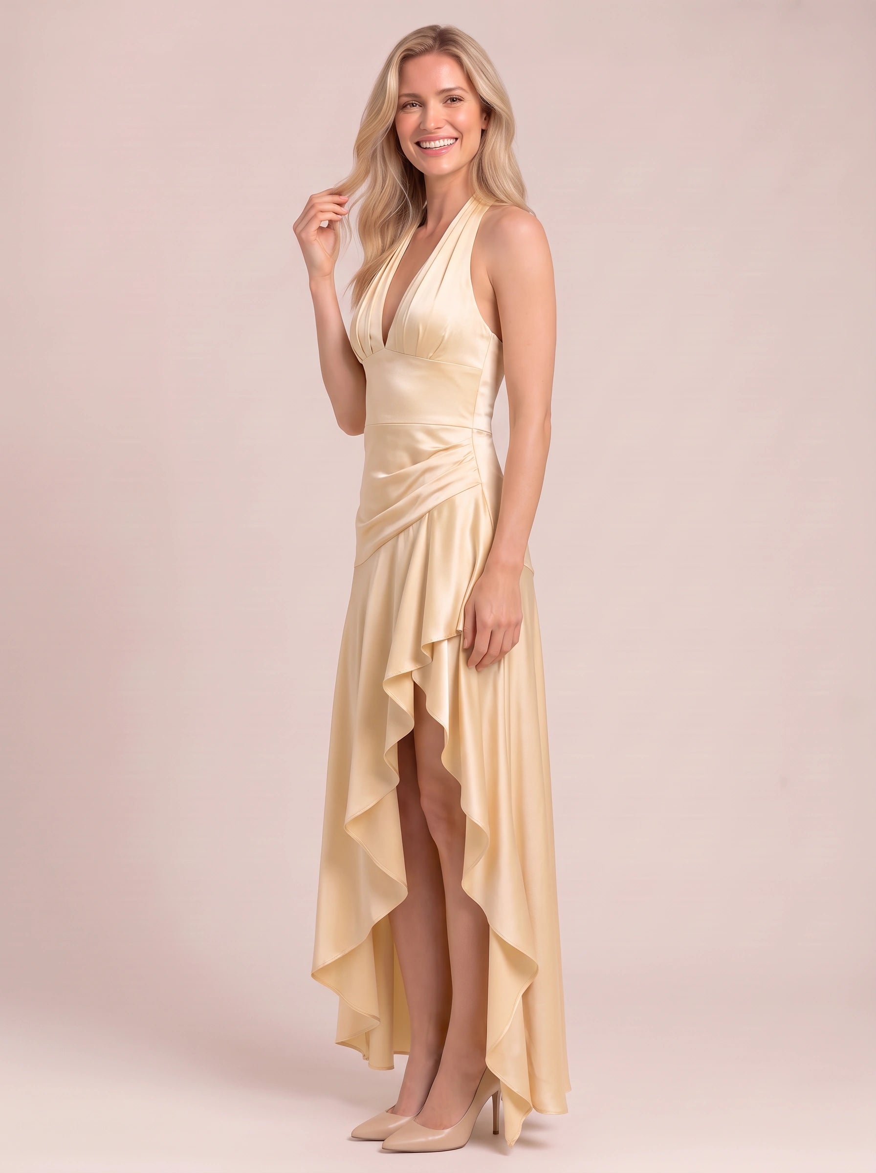 Robe longue Ondula en satin à col dos nu - robe formelle de soirée pour femme, invitée de mariage, cocktail avec ourlet à volants