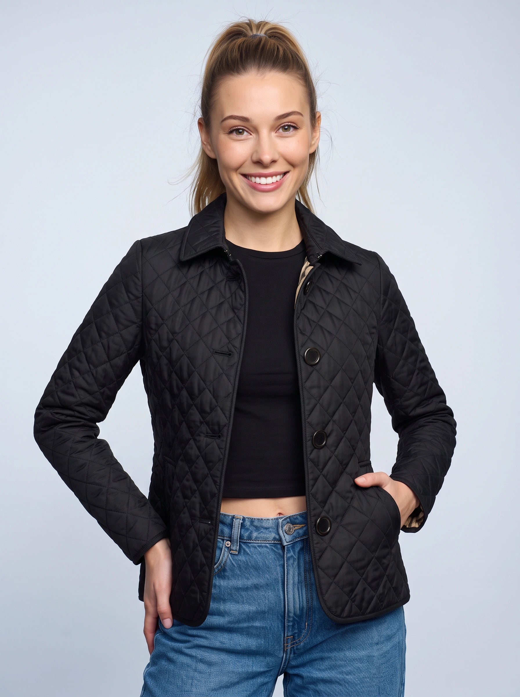Veste matelassée à losanges Quilara - veste légère matelassée pour femme, décontractée, automne, à col et fermeture boutonnée sur le devant