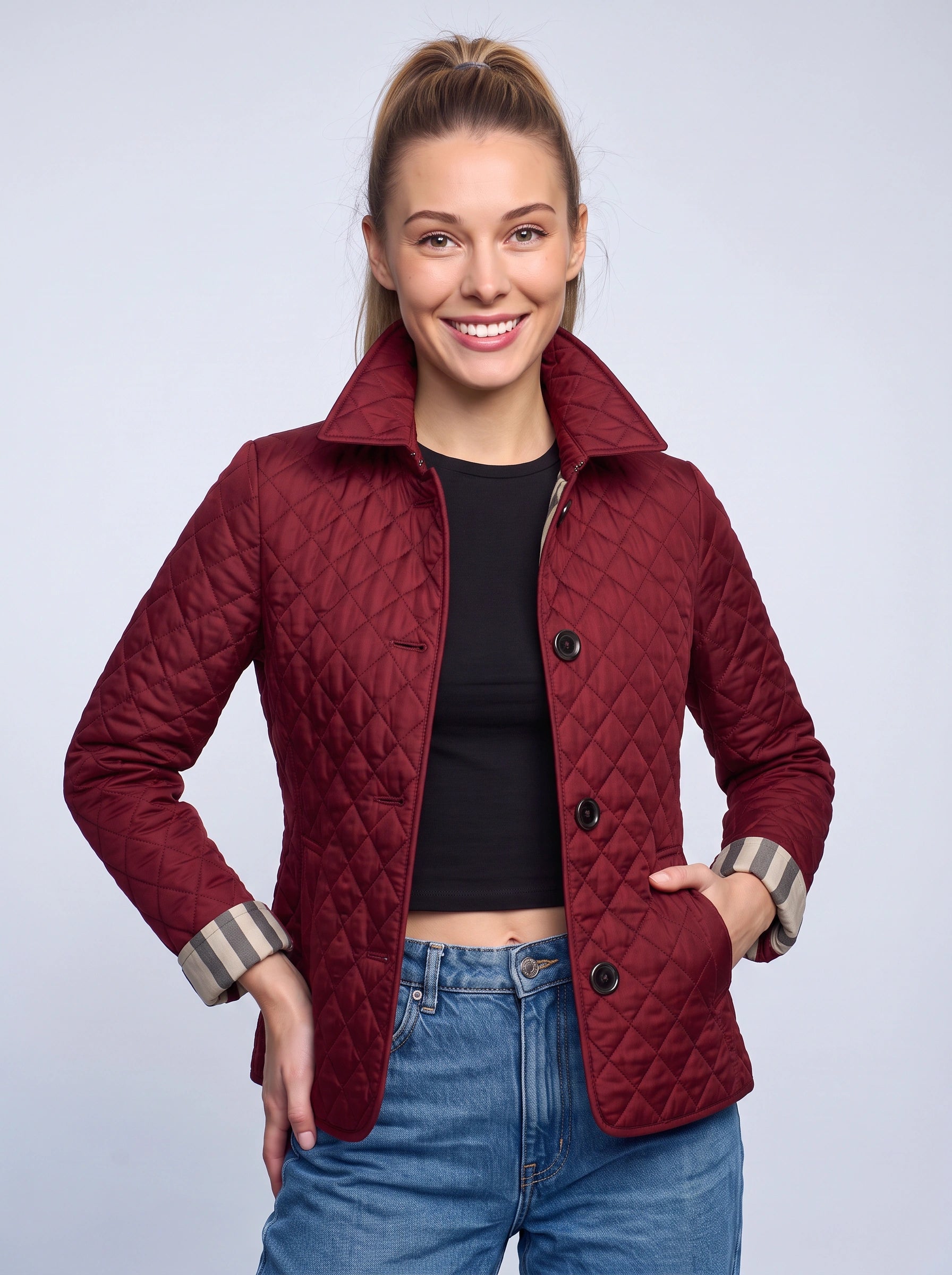 Veste matelassée à losanges Quilara - veste légère matelassée pour femme, décontractée, automne, à col et fermeture boutonnée sur le devant