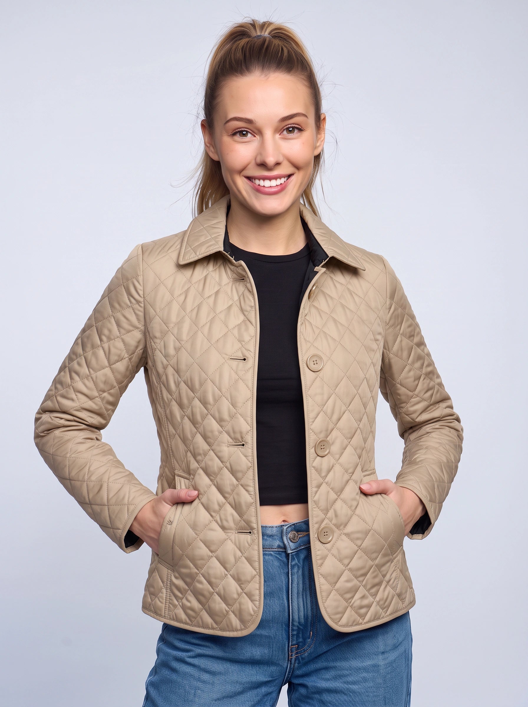 Veste matelassée à losanges Quilara - veste légère matelassée pour femme, décontractée, automne, à col et fermeture boutonnée sur le devant
