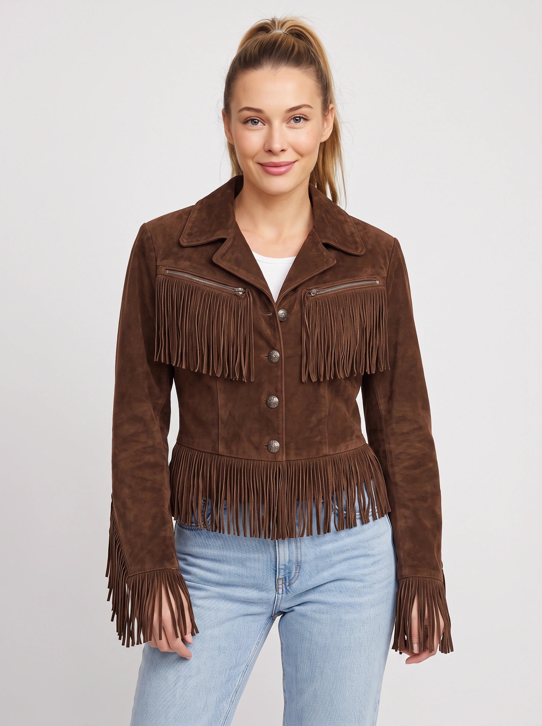 Veste courte à franges en daim Frinola - veste western bohème pour femme, à boutons sur le devant, vêtement d'extérieur décontracté d'automne