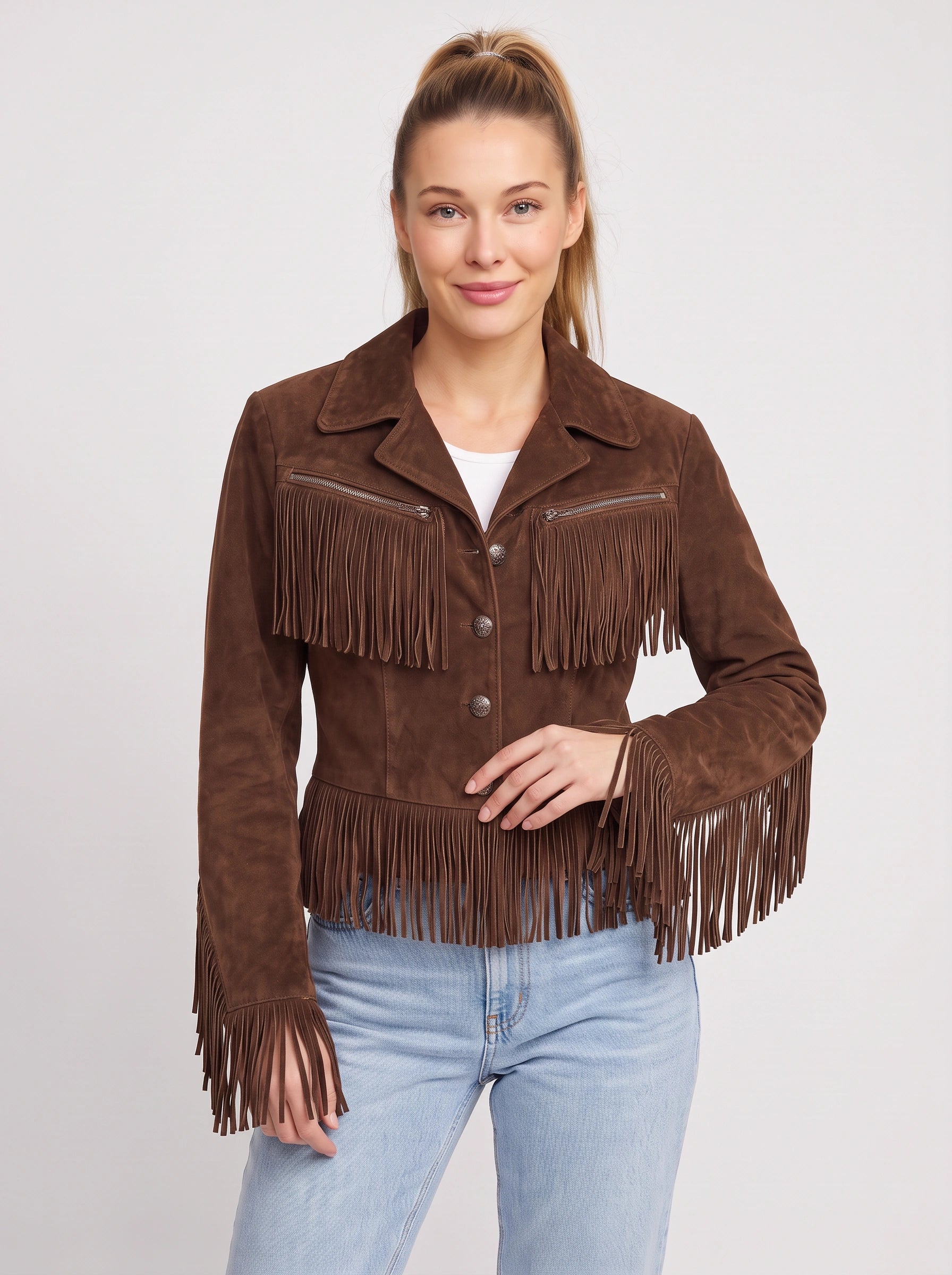 Veste courte à franges en daim Frinola - veste western bohème pour femme, à boutons sur le devant, vêtement d'extérieur décontracté d'automne
