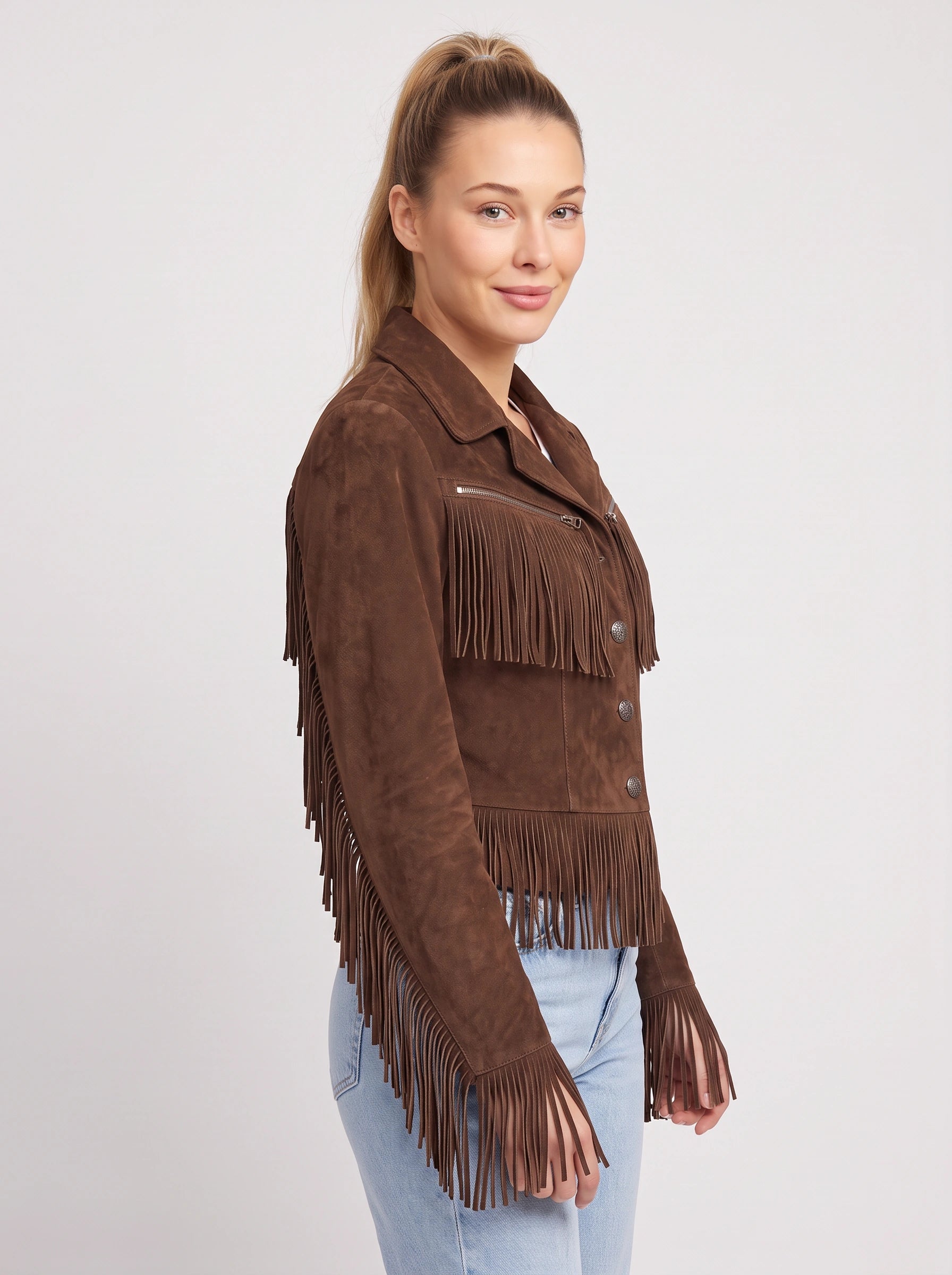 Veste courte à franges en daim Frinola - veste western bohème pour femme, à boutons sur le devant, vêtement d'extérieur décontracté d'automne