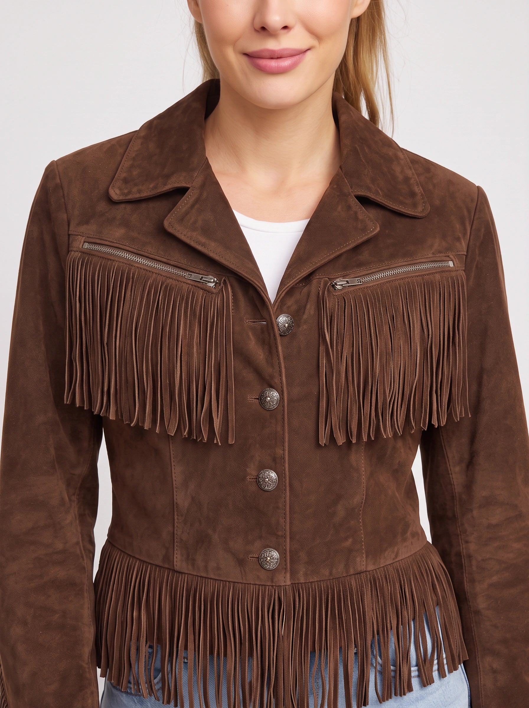 Veste courte à franges en daim Frinola - veste western bohème pour femme, à boutons sur le devant, vêtement d'extérieur décontracté d'automne
