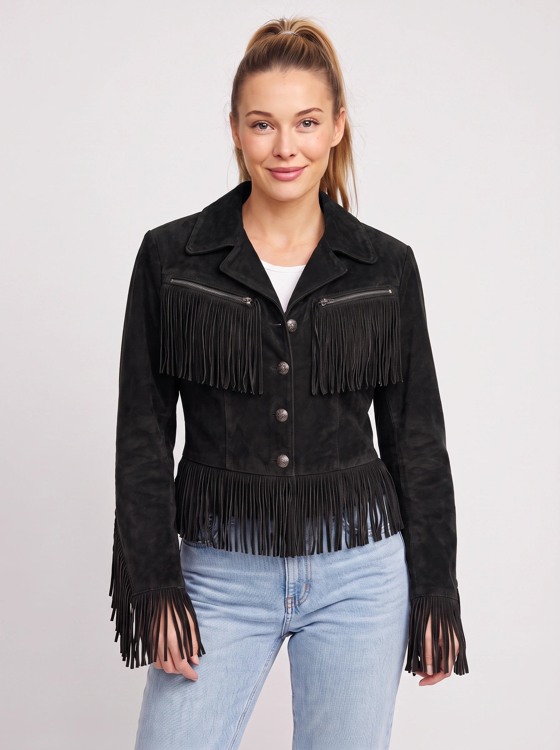Veste courte à franges en daim Frinola - veste western bohème pour femme, à boutons sur le devant, vêtement d'extérieur décontracté d'automne