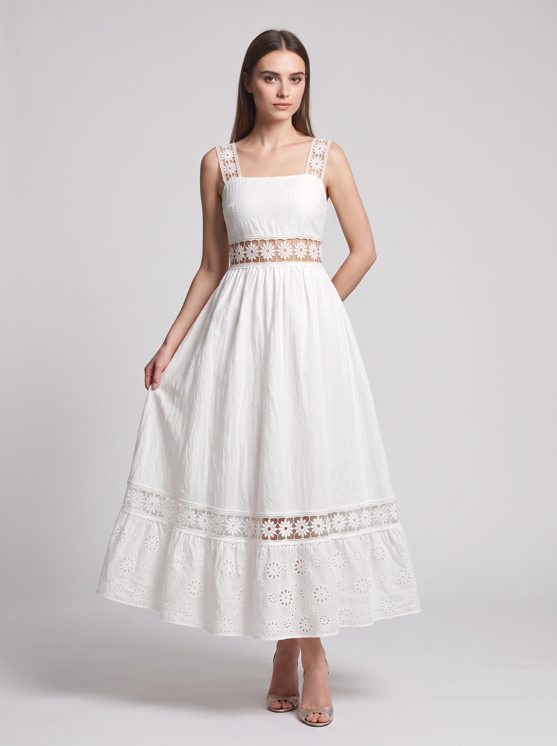Robe midi plissée en dentelle à volants Piètro – robe d’été pour femme, idéale pour un mariage, les vacances ou une tenue décontractée