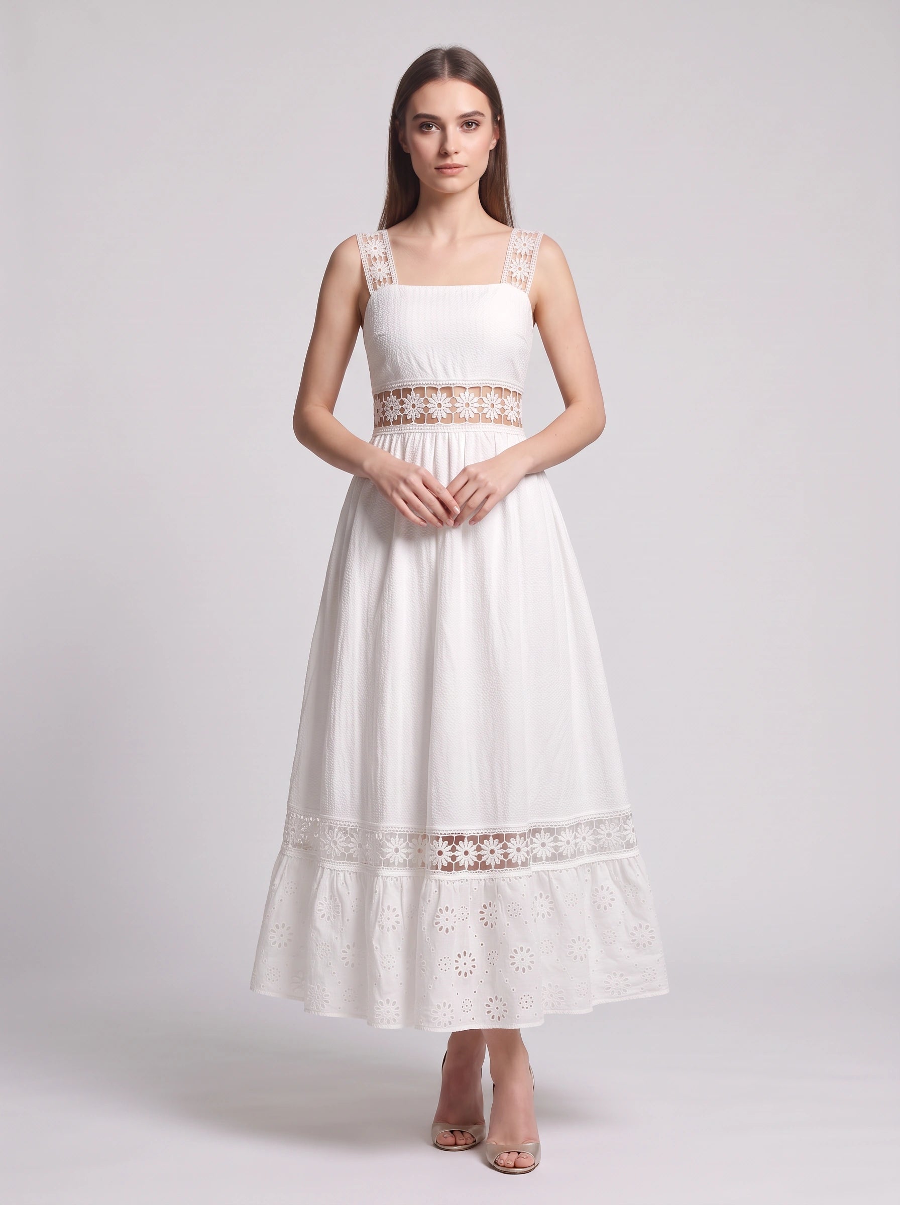 Robe midi plissée en dentelle à volants Piètro – robe d’été pour femme, idéale pour un mariage, les vacances ou une tenue décontractée
