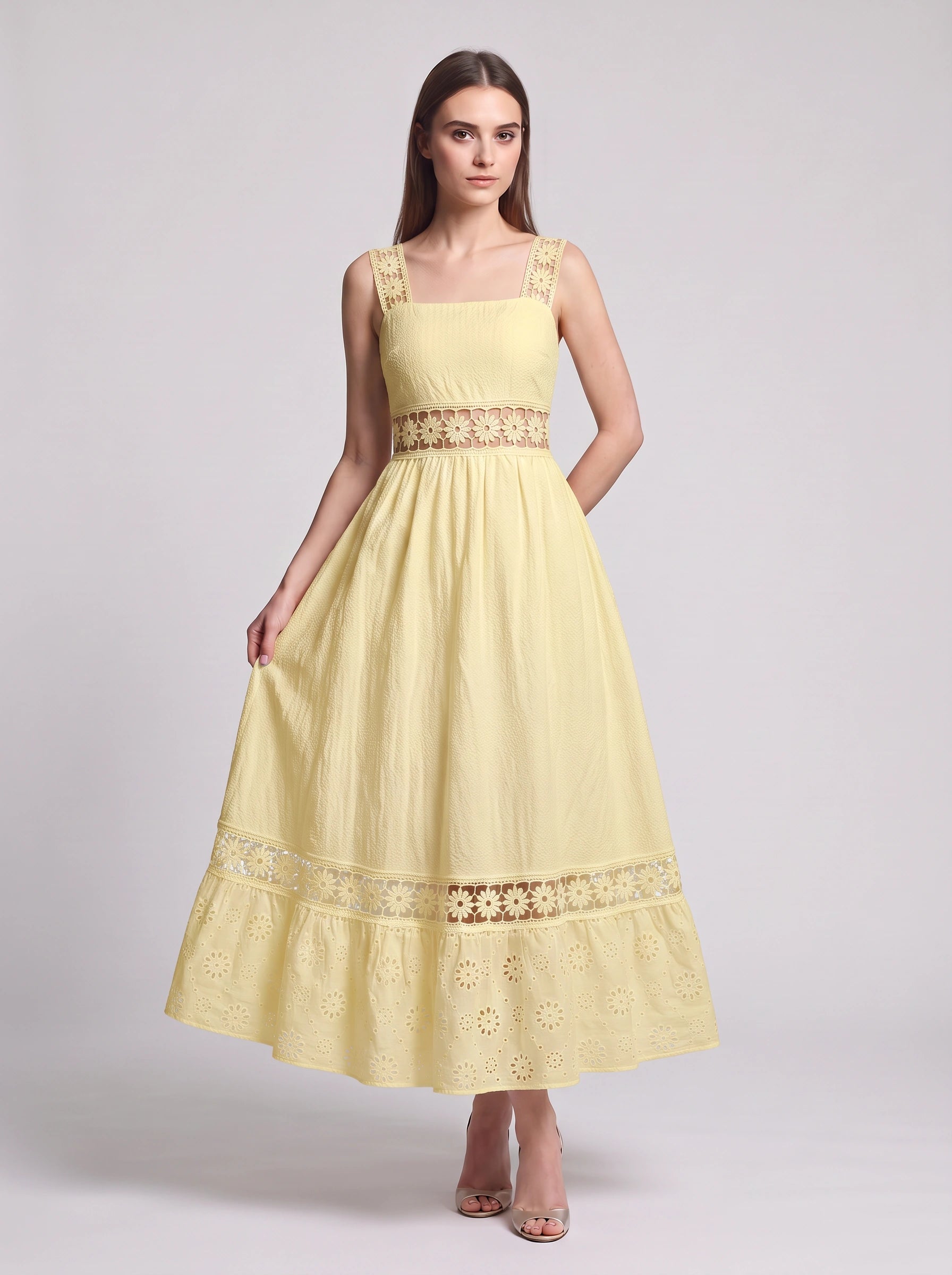 Robe midi plissée en dentelle à volants Piètro – robe d’été pour femme, idéale pour un mariage, les vacances ou une tenue décontractée