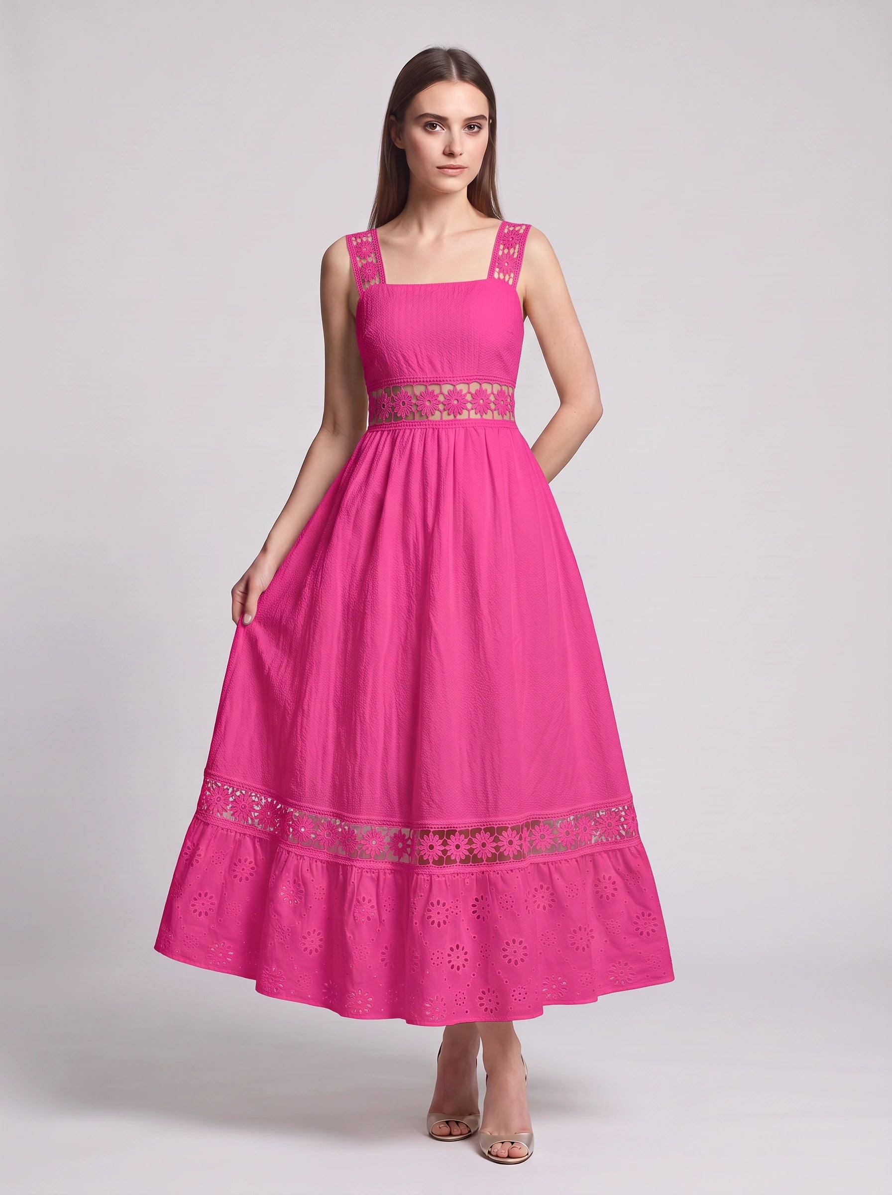 Robe midi plissée en dentelle à volants Piètro – robe d’été pour femme, idéale pour un mariage, les vacances ou une tenue décontractée