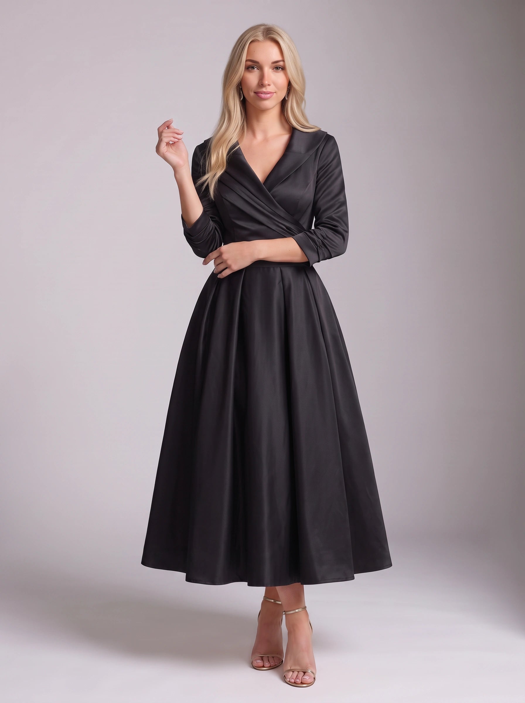 Robe longue Satinova avec corsage portefeuille - robe longue en satin pour femme, formelle, soirée, invitée de mariage, cocktail noir et fêtes