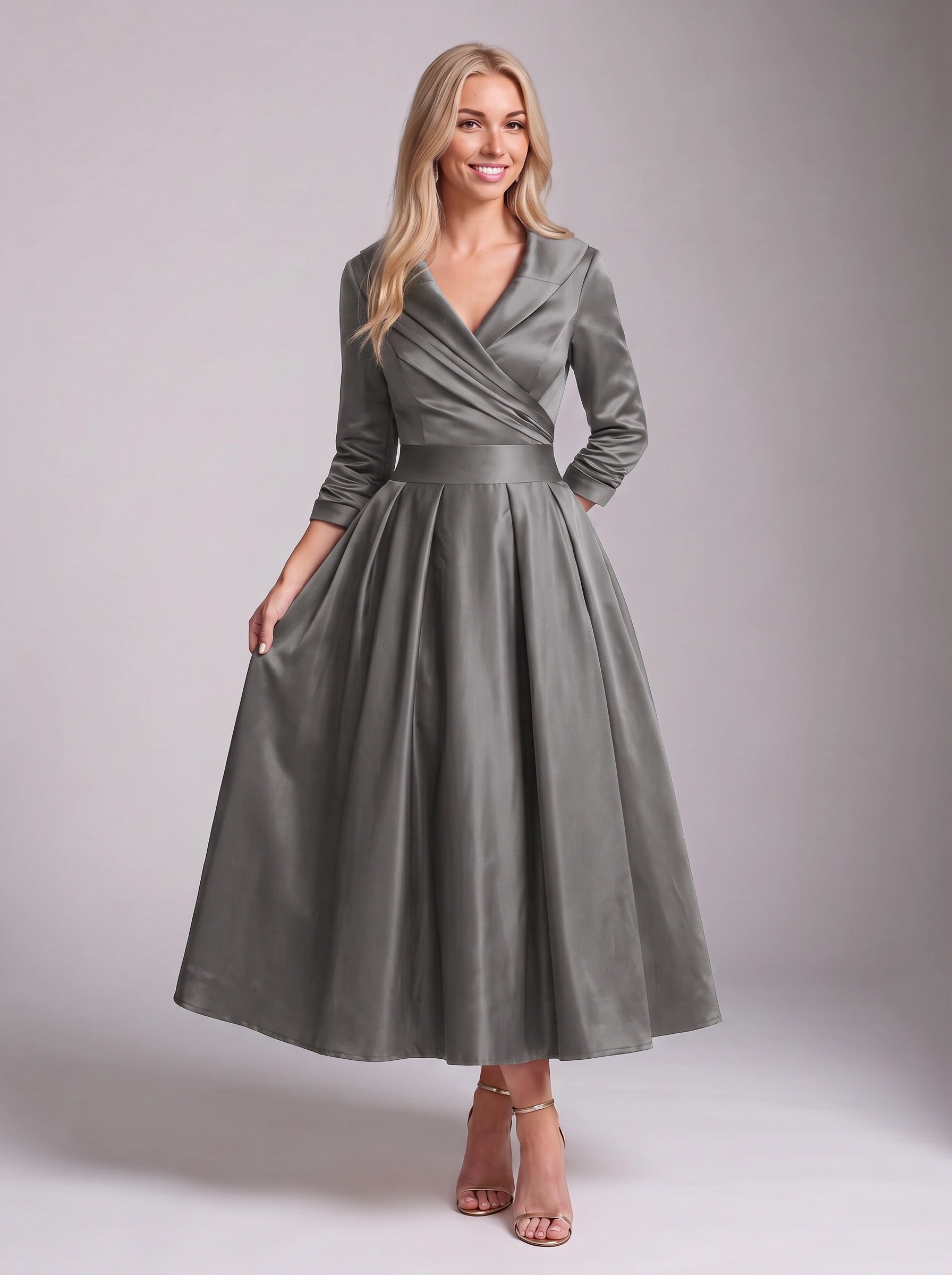 Robe longue Satinova avec corsage portefeuille - robe longue en satin pour femme, formelle, soirée, invitée de mariage, cocktail noir et fêtes