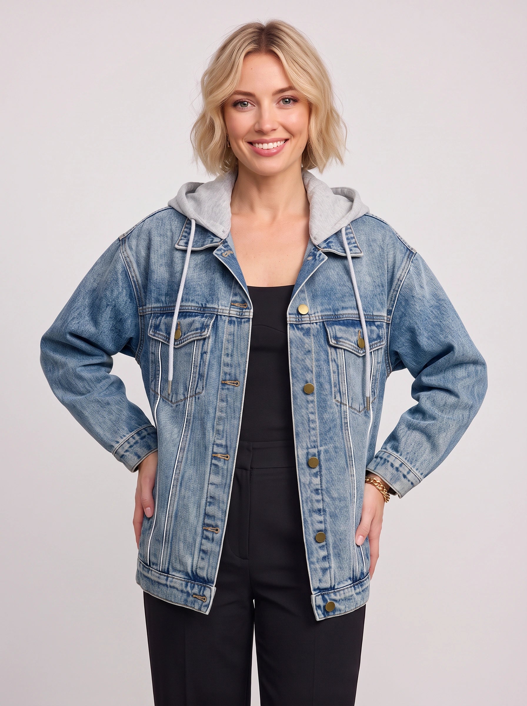 Caprio Hooded Oversized Denim Jacket – Women Casual Streetwear Business Casual Layering Jean Jacket