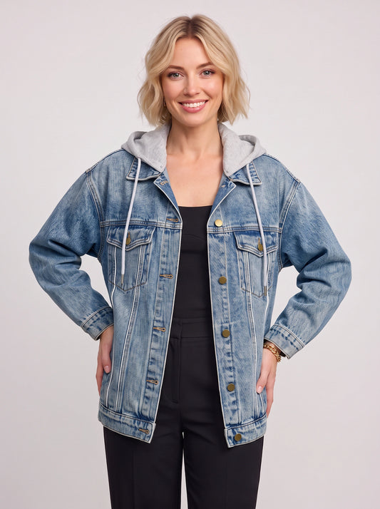 Veste en jean oversize à capuche Caprio - Veste pour femme décontractée streetwear, style casual business, à superposer
