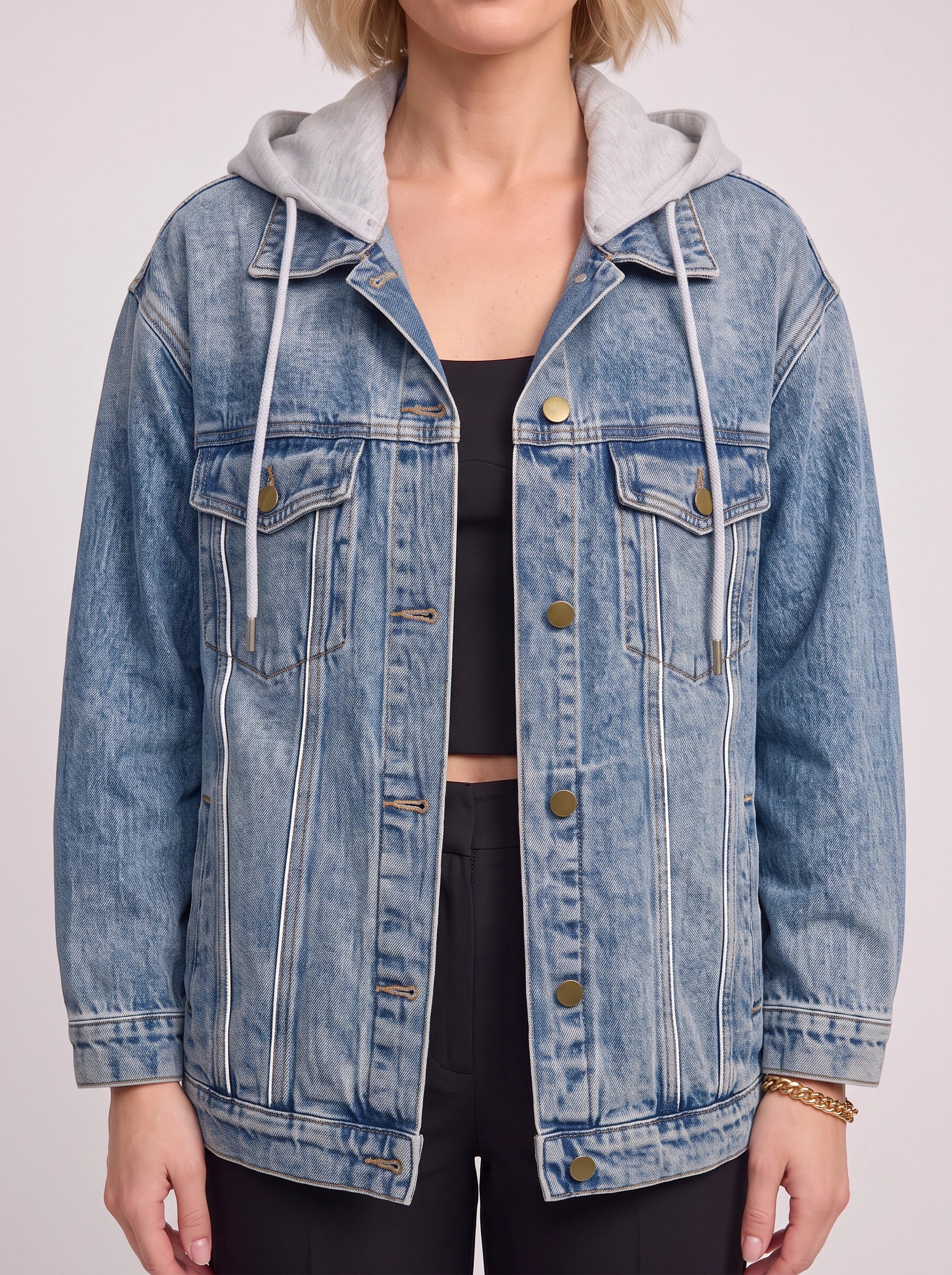 Caprio Hooded Oversized Denim Jacket – Women Casual Streetwear Business Casual Layering Jean Jacket