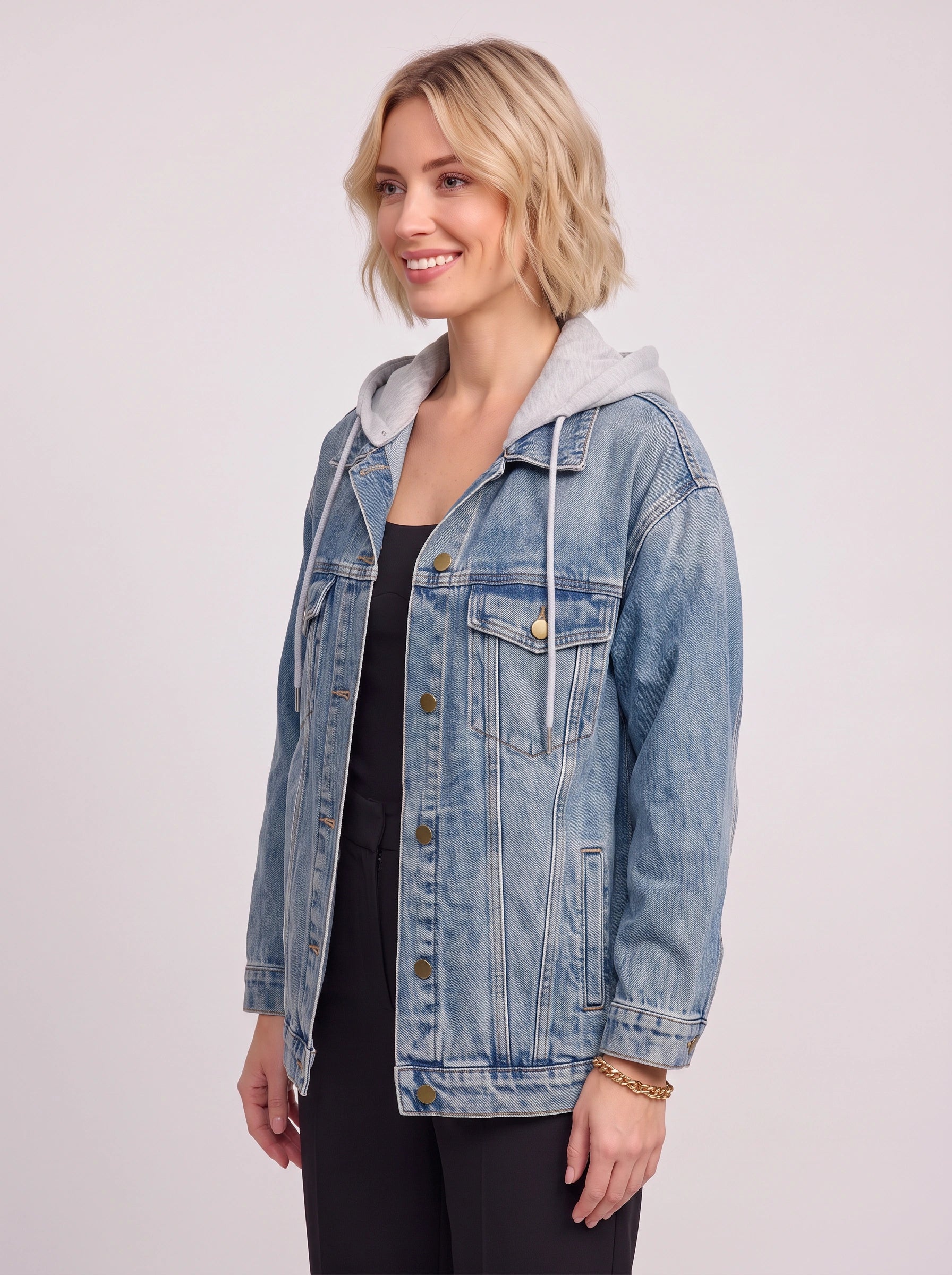 Caprio Hooded Oversized Denim Jacket – Women Casual Streetwear Business Casual Layering Jean Jacket