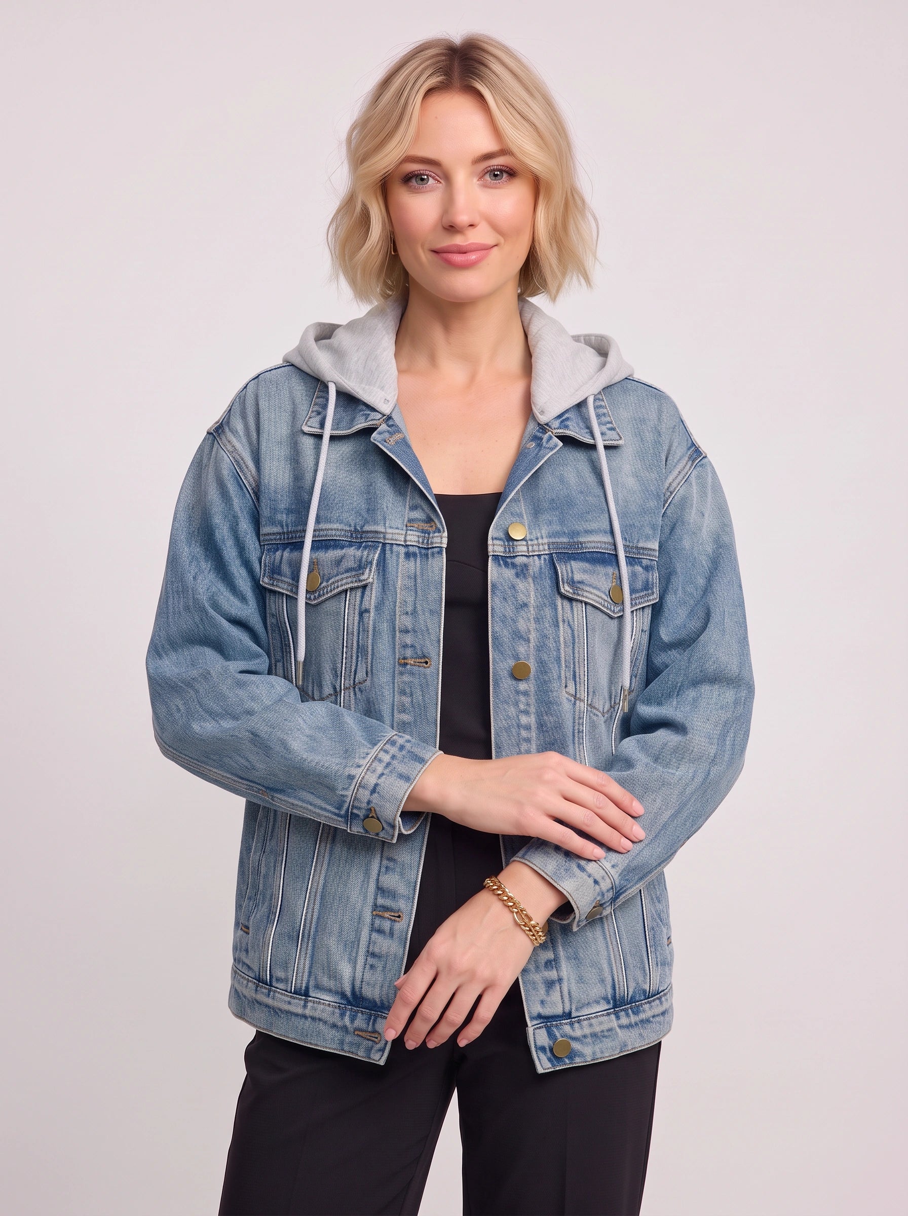 Caprio Hooded Oversized Denim Jacket – Women Casual Streetwear Business Casual Layering Jean Jacket