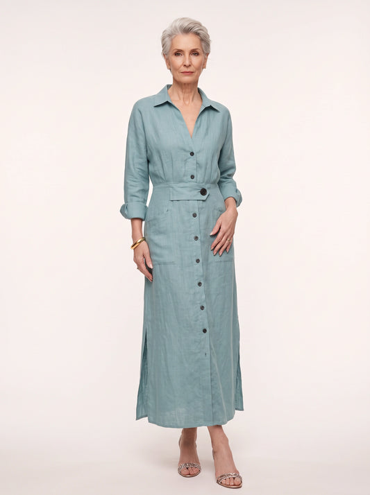 Cintaire Linen Shirt Maxi Dress – Button Front Belted Long Sleeve Maxi Dress Women Casual Summer