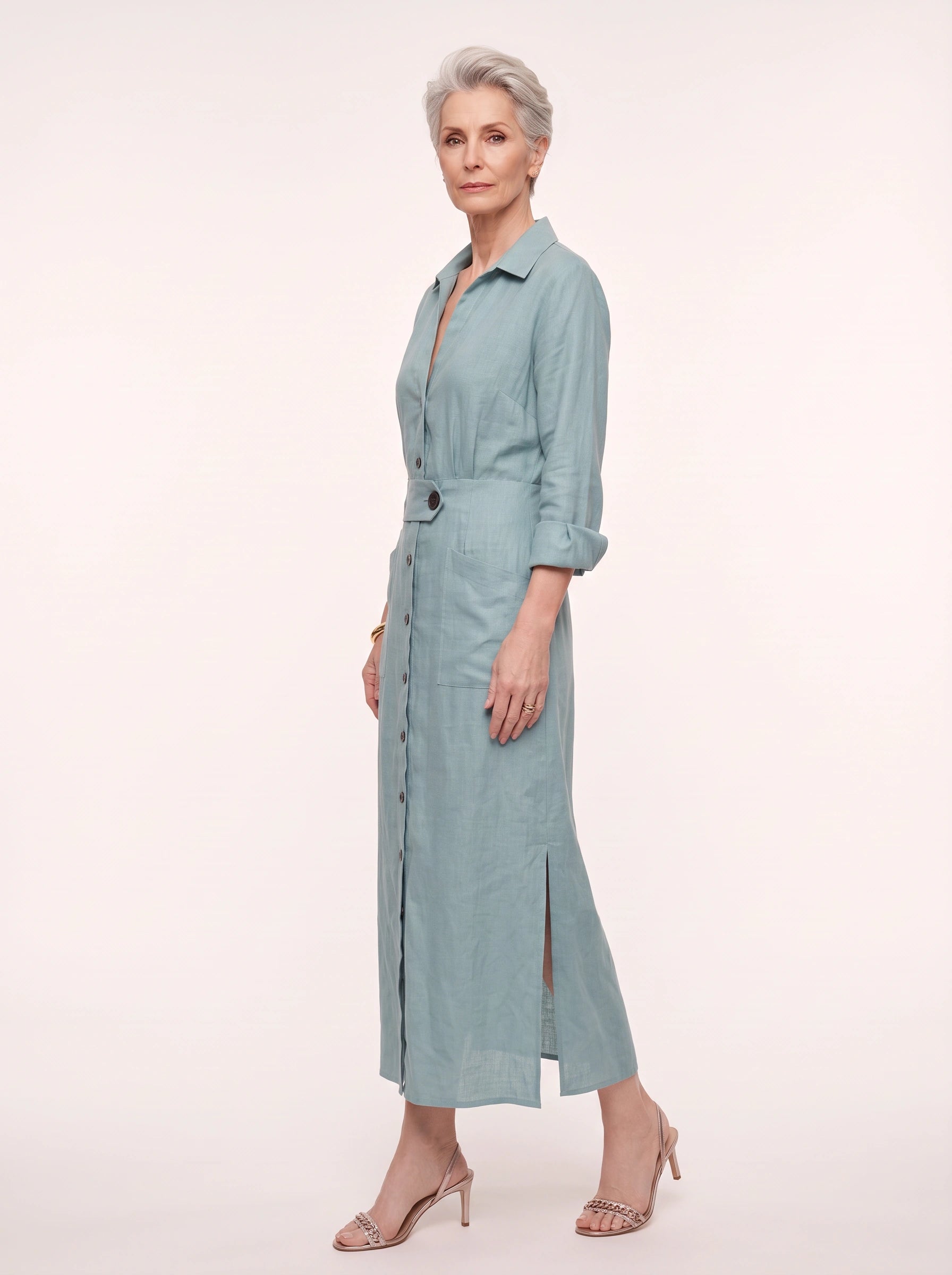 Robe longue chemise en lin Cintaire - Robe longue à manches longues, boutonnée sur le devant et ceinturée, style décontracté d'été pour femme