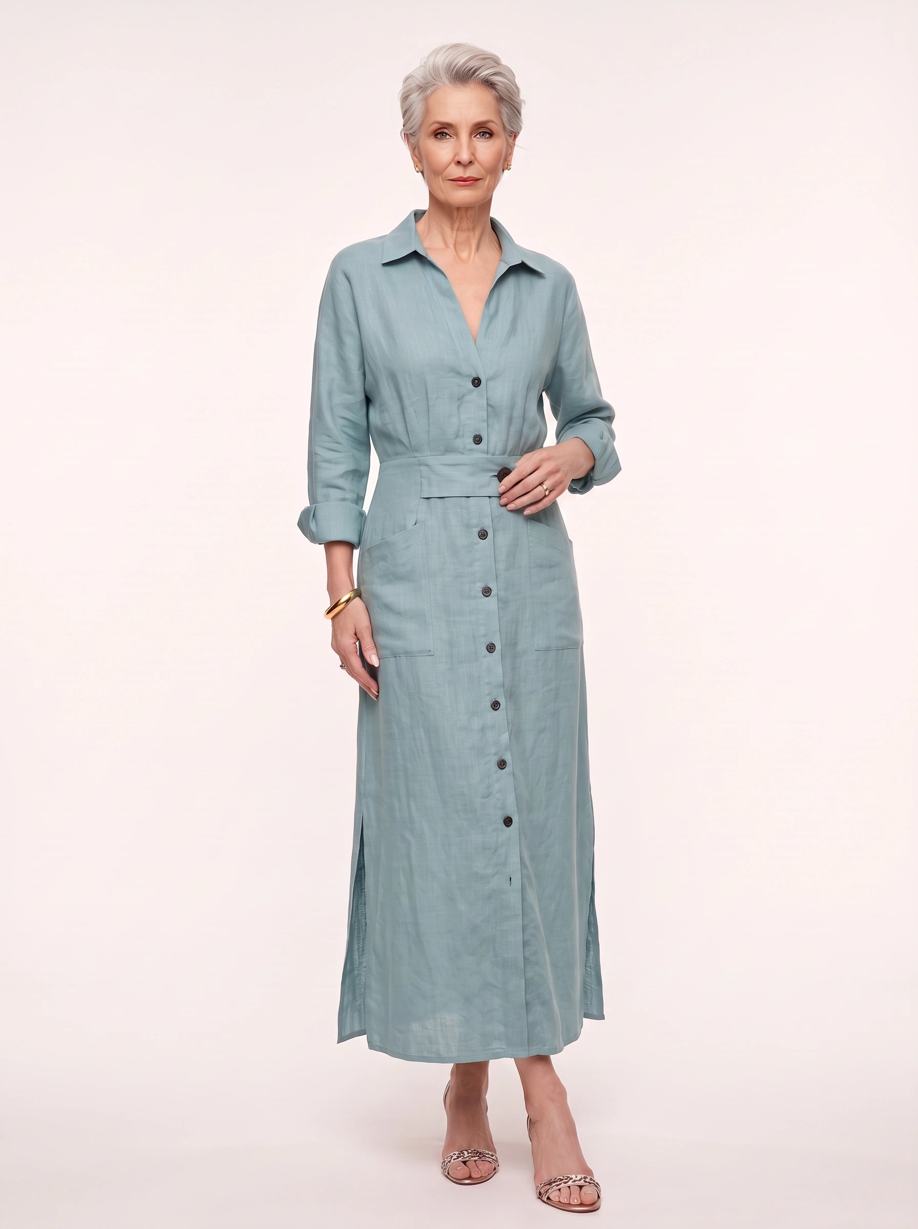 Robe longue chemise en lin Cintaire - Robe longue à manches longues, boutonnée sur le devant et ceinturée, style décontracté d'été pour femme