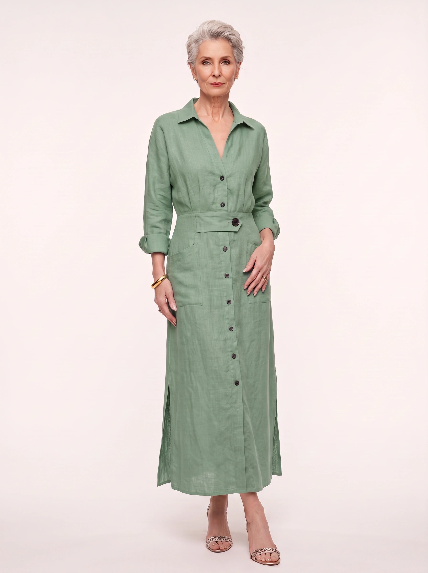Robe longue chemise en lin Cintaire - Robe longue à manches longues, boutonnée sur le devant et ceinturée, style décontracté d'été pour femme