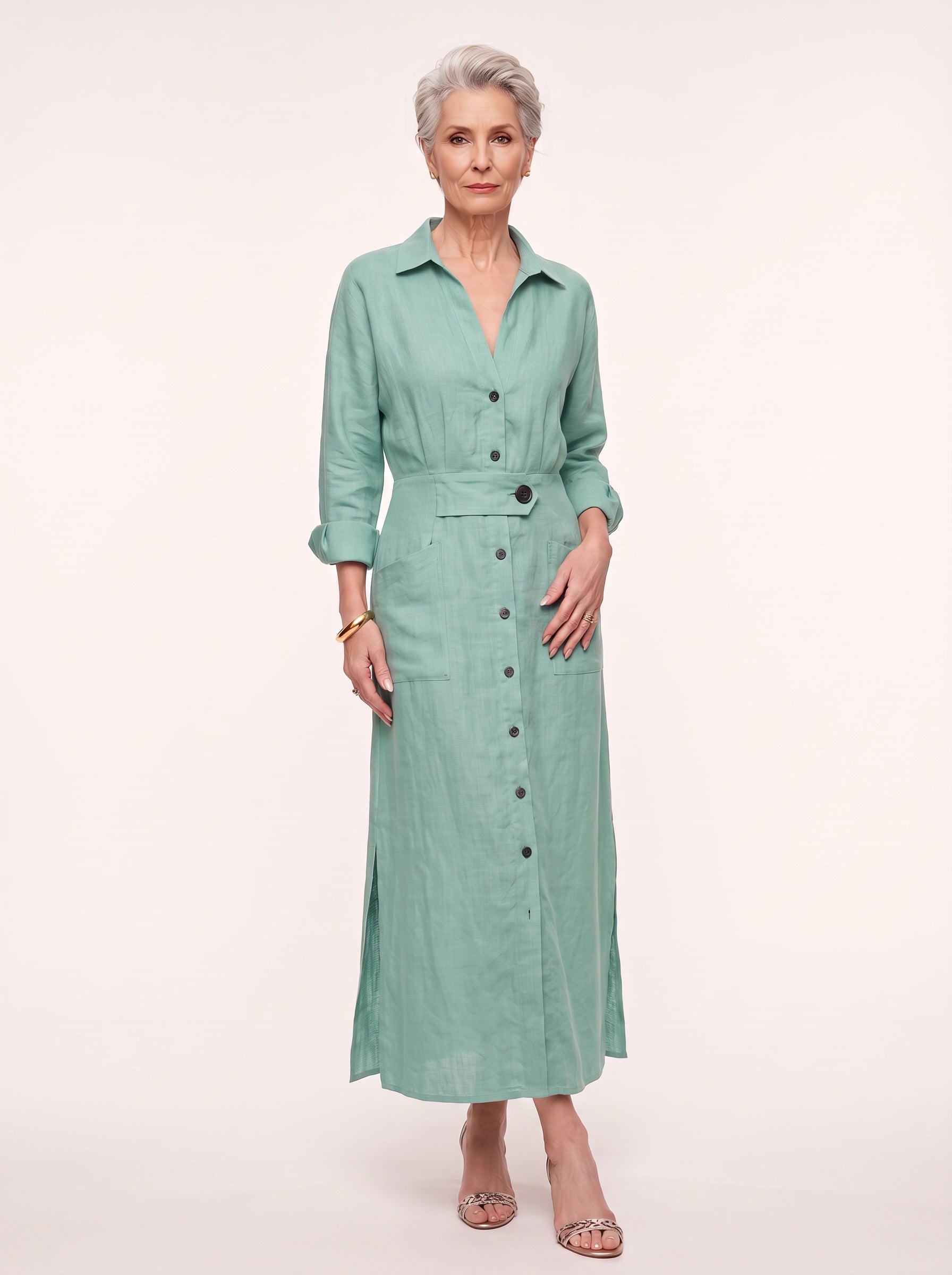 Robe longue chemise en lin Cintaire - Robe longue à manches longues, boutonnée sur le devant et ceinturée, style décontracté d'été pour femme