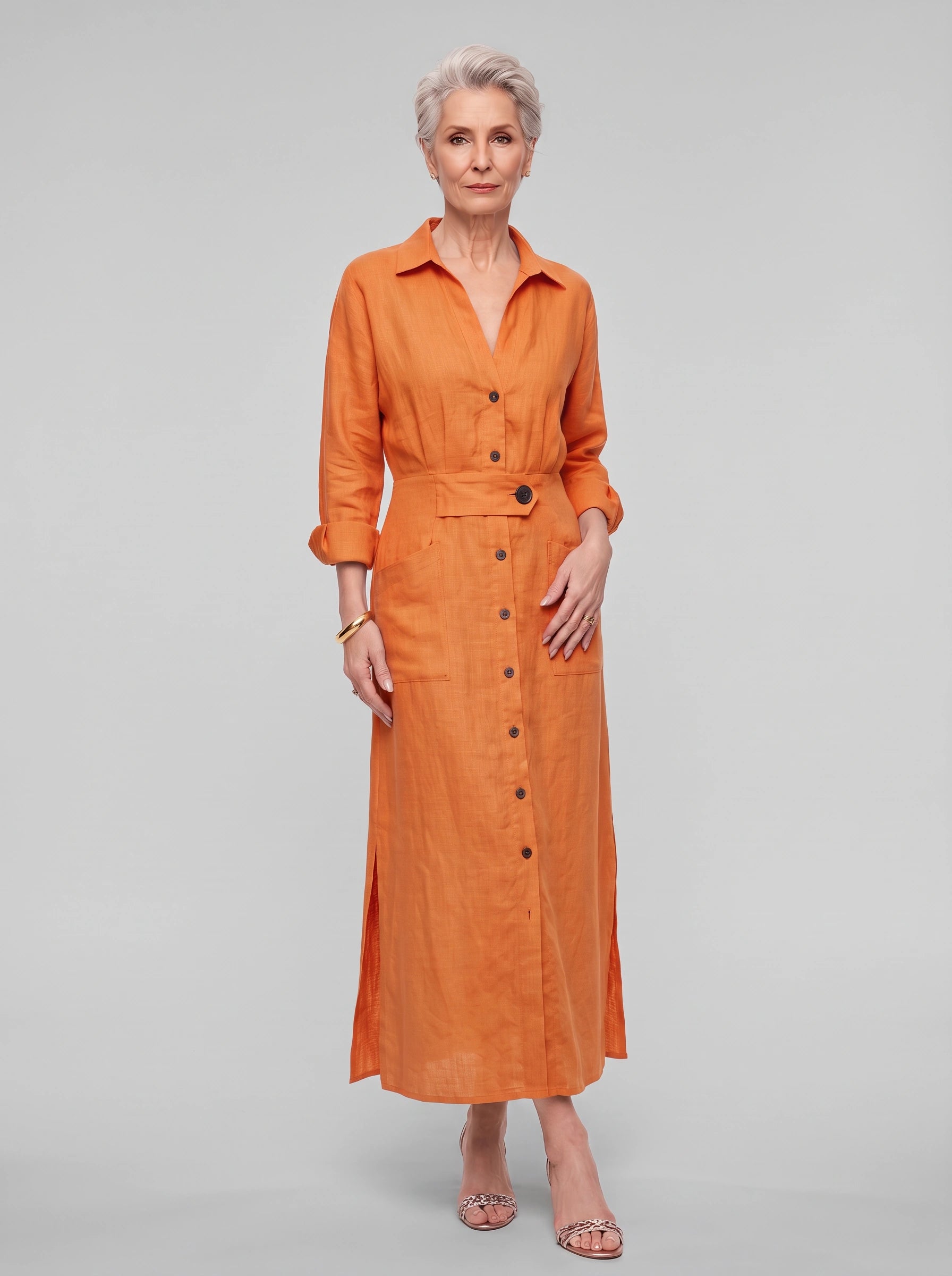 Robe longue chemise en lin Cintaire - Robe longue à manches longues, boutonnée sur le devant et ceinturée, style décontracté d'été pour femme