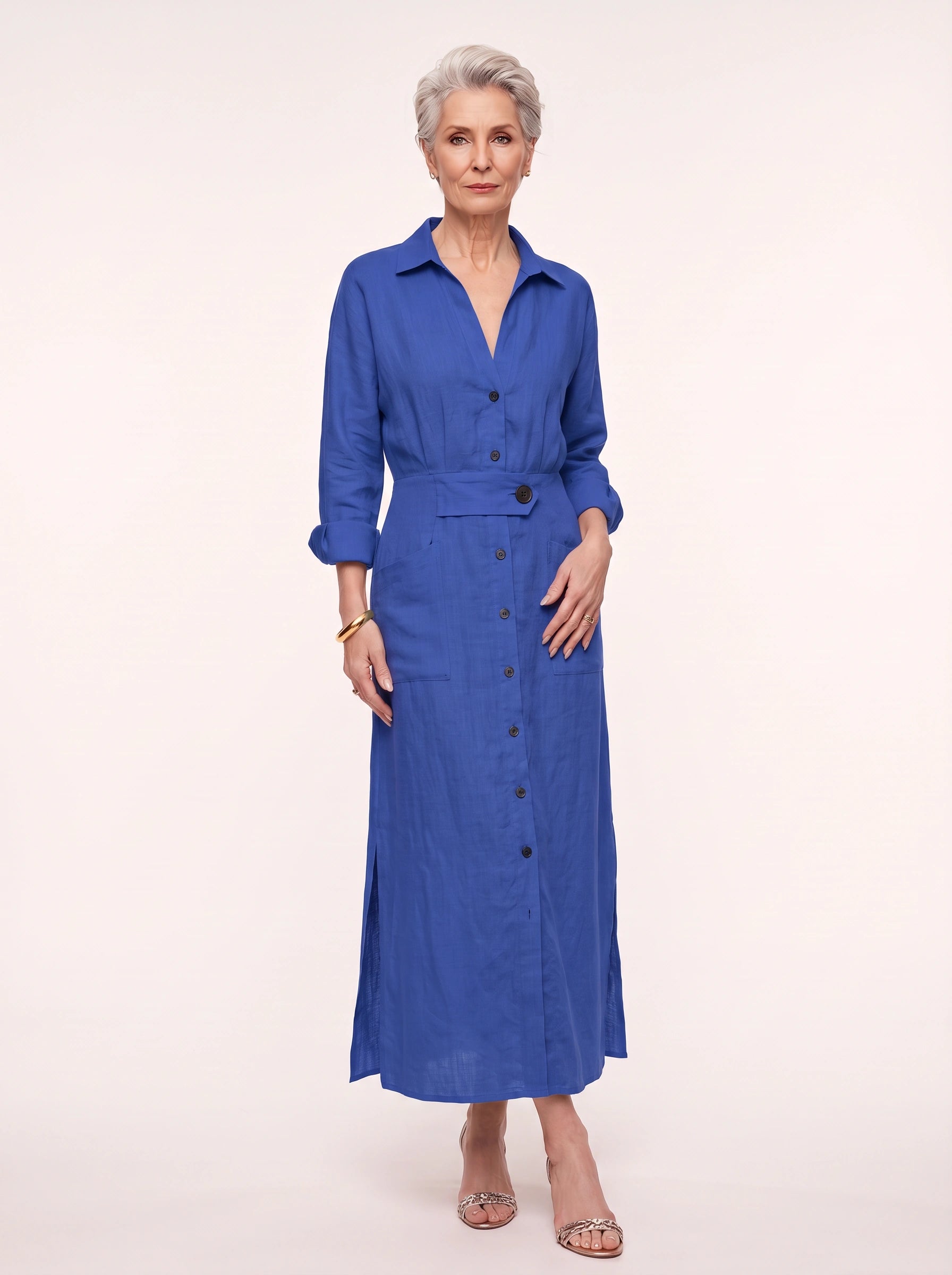 Robe longue chemise en lin Cintaire - Robe longue à manches longues, boutonnée sur le devant et ceinturée, style décontracté d'été pour femme