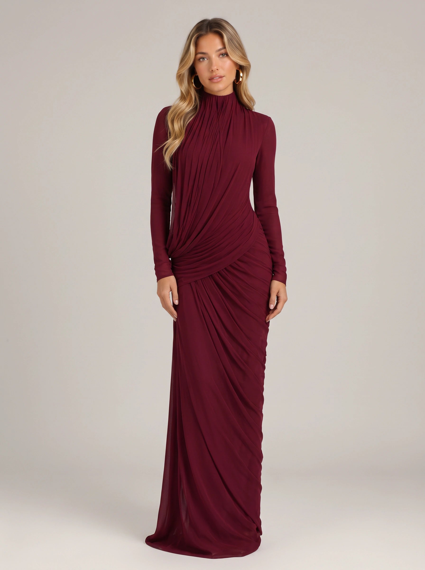 Rowena Draped High Neck Maxi Dress – Long Sleeve Formal Wedding Guest Women Evening Maxi Dress