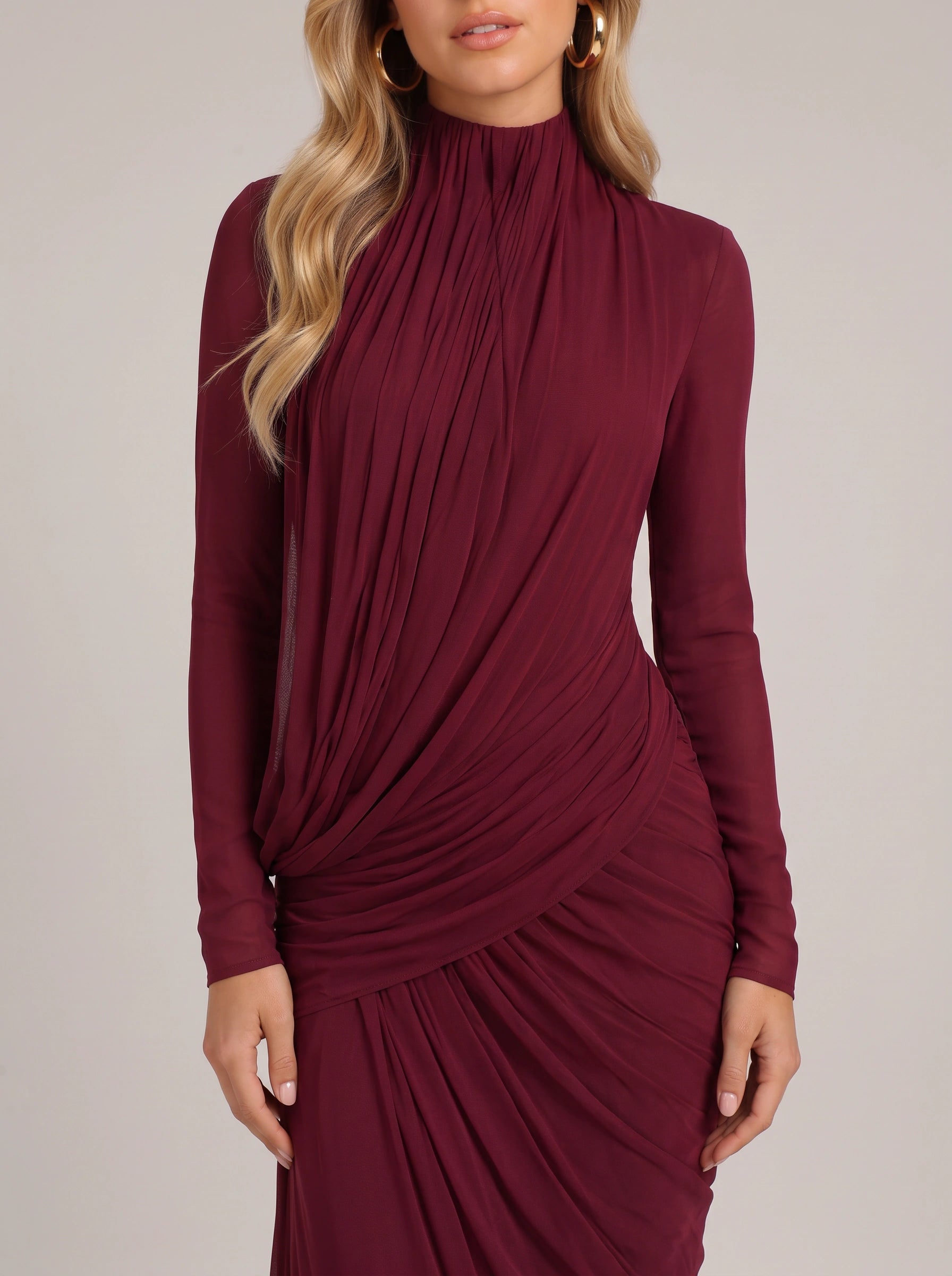 Rowena Draped High Neck Maxi Dress – Long Sleeve Formal Wedding Guest Women Evening Maxi Dress