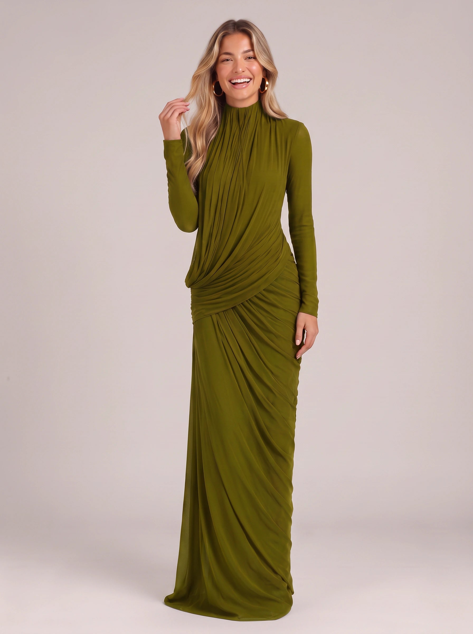 Rowena Draped High Neck Maxi Dress – Long Sleeve Formal Wedding Guest Women Evening Maxi Dress