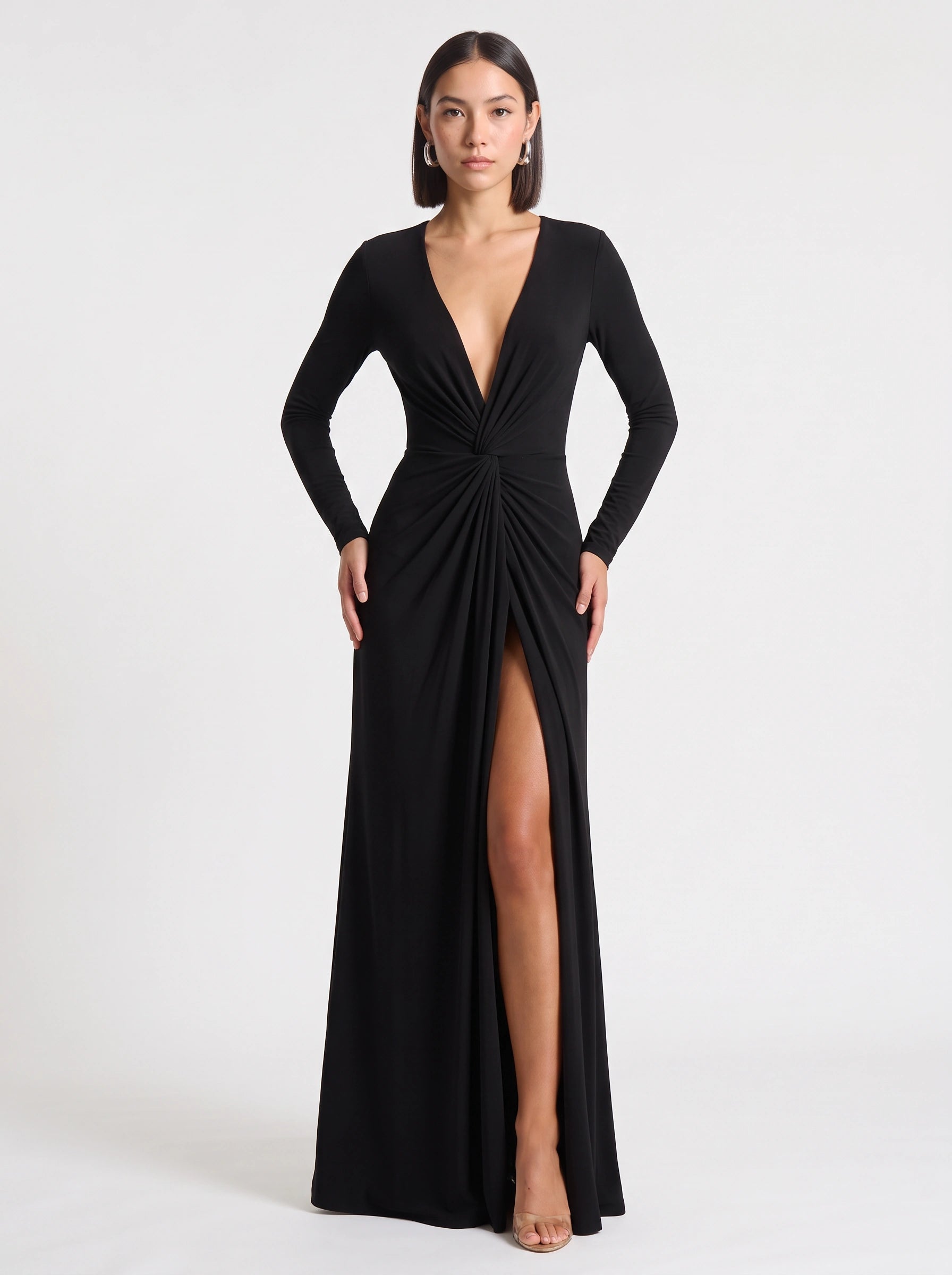Jocasta Deep V-Neck Twist Front Maxi Dress – Long Sleeve High Slit Women Formal Evening Cocktail Maxi Dress