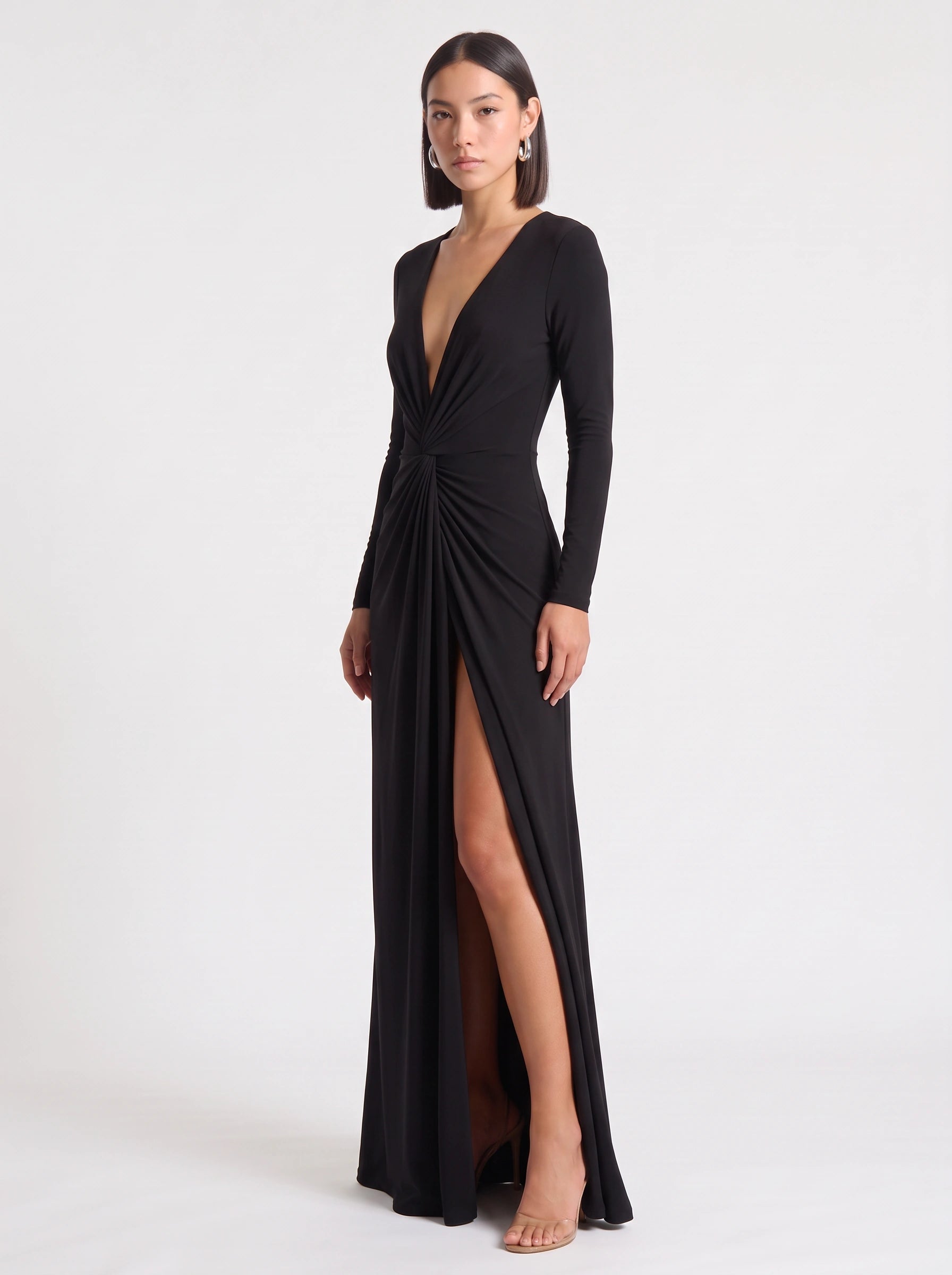 Jocasta Deep V-Neck Twist Front Maxi Dress – Long Sleeve High Slit Women Formal Evening Cocktail Maxi Dress