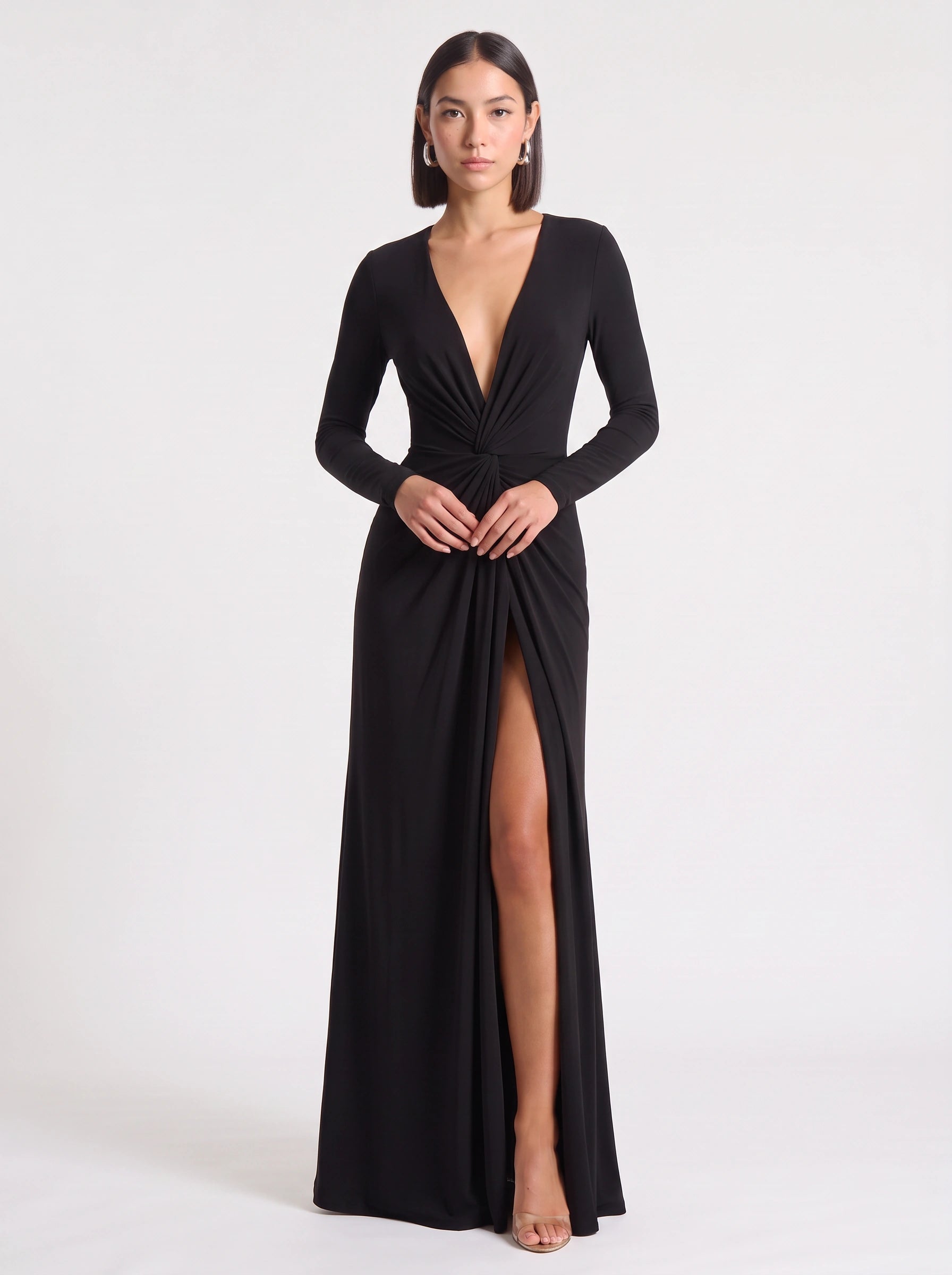 Jocasta Deep V-Neck Twist Front Maxi Dress – Long Sleeve High Slit Women Formal Evening Cocktail Maxi Dress