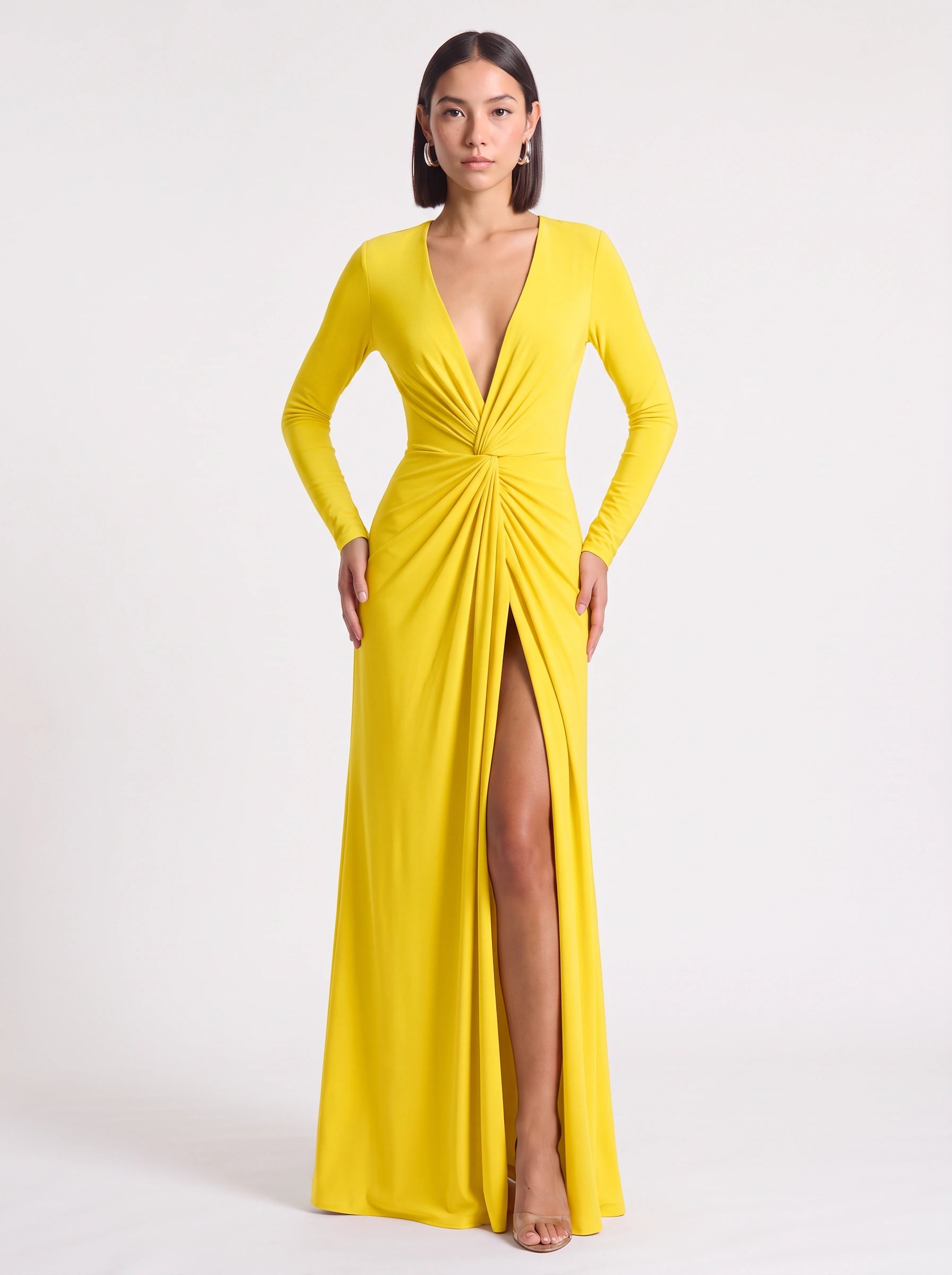 Jocasta Deep V-Neck Twist Front Maxi Dress – Long Sleeve High Slit Women Formal Evening Cocktail Maxi Dress
