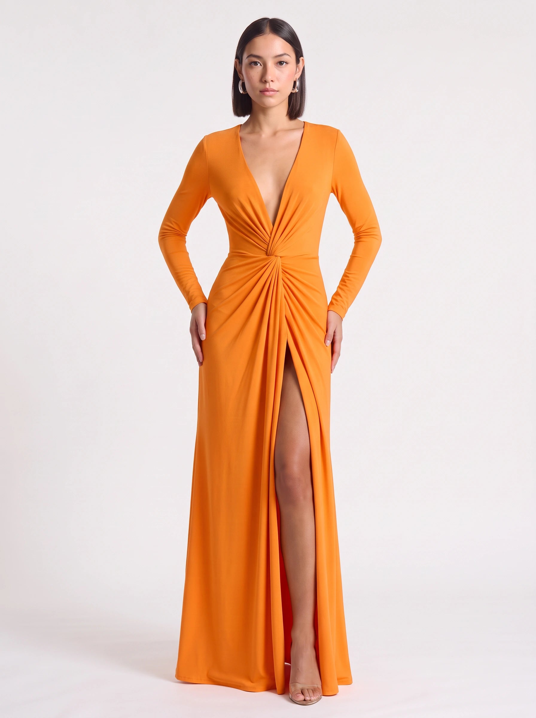 Jocasta Deep V-Neck Twist Front Maxi Dress – Long Sleeve High Slit Women Formal Evening Cocktail Maxi Dress