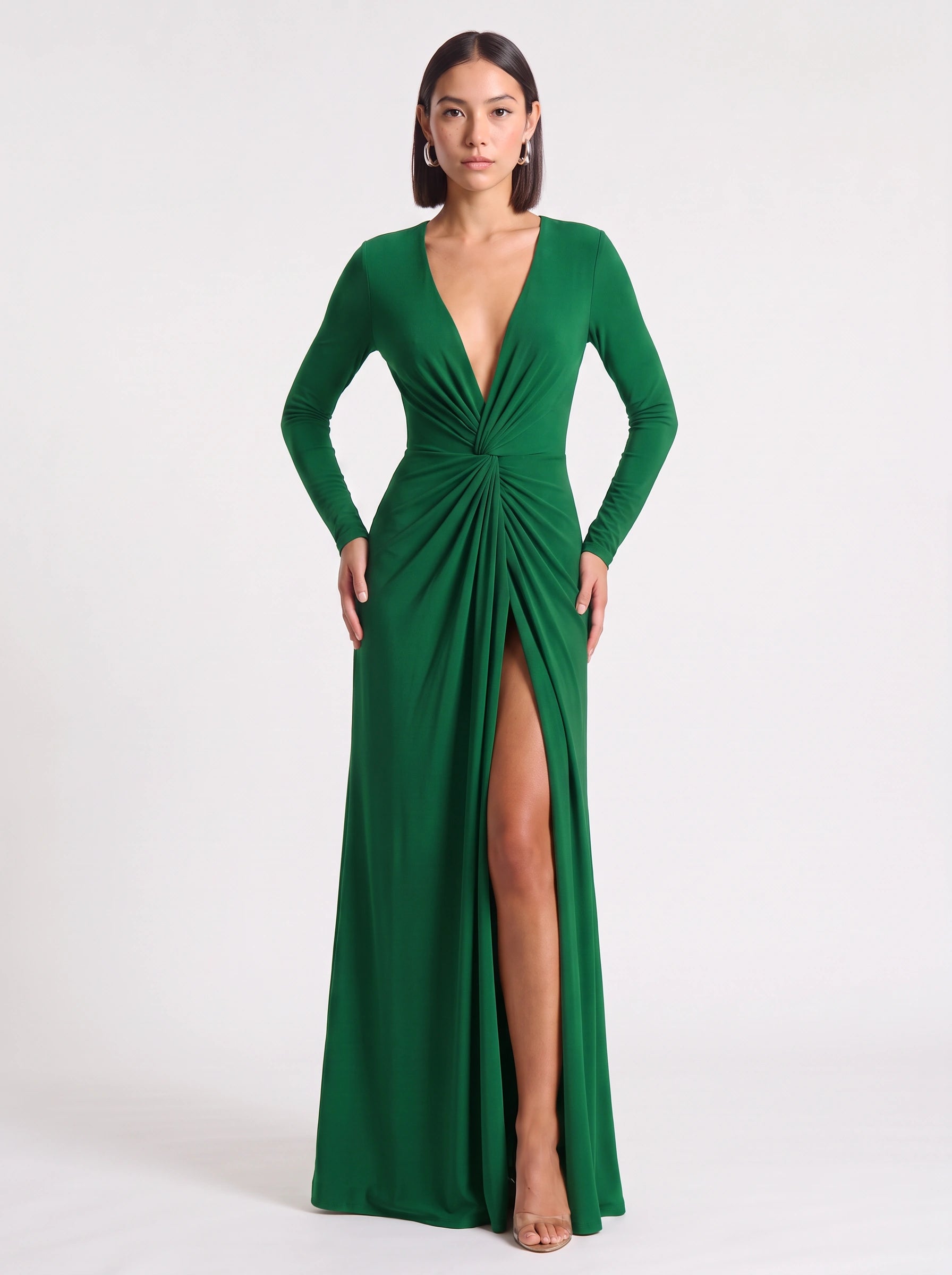 Jocasta Deep V-Neck Twist Front Maxi Dress – Long Sleeve High Slit Women Formal Evening Cocktail Maxi Dress