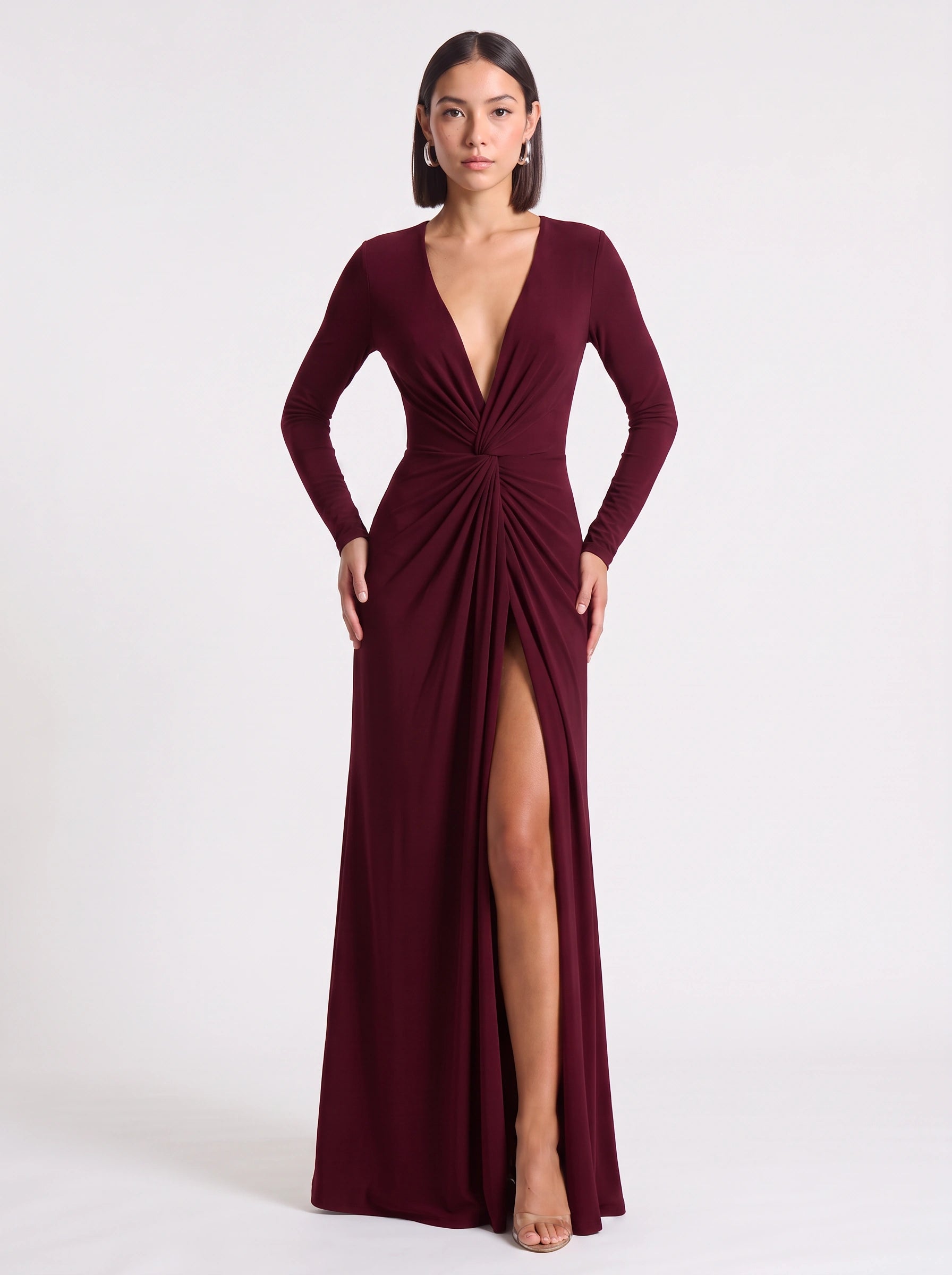 Jocasta Deep V-Neck Twist Front Maxi Dress – Long Sleeve High Slit Women Formal Evening Cocktail Maxi Dress